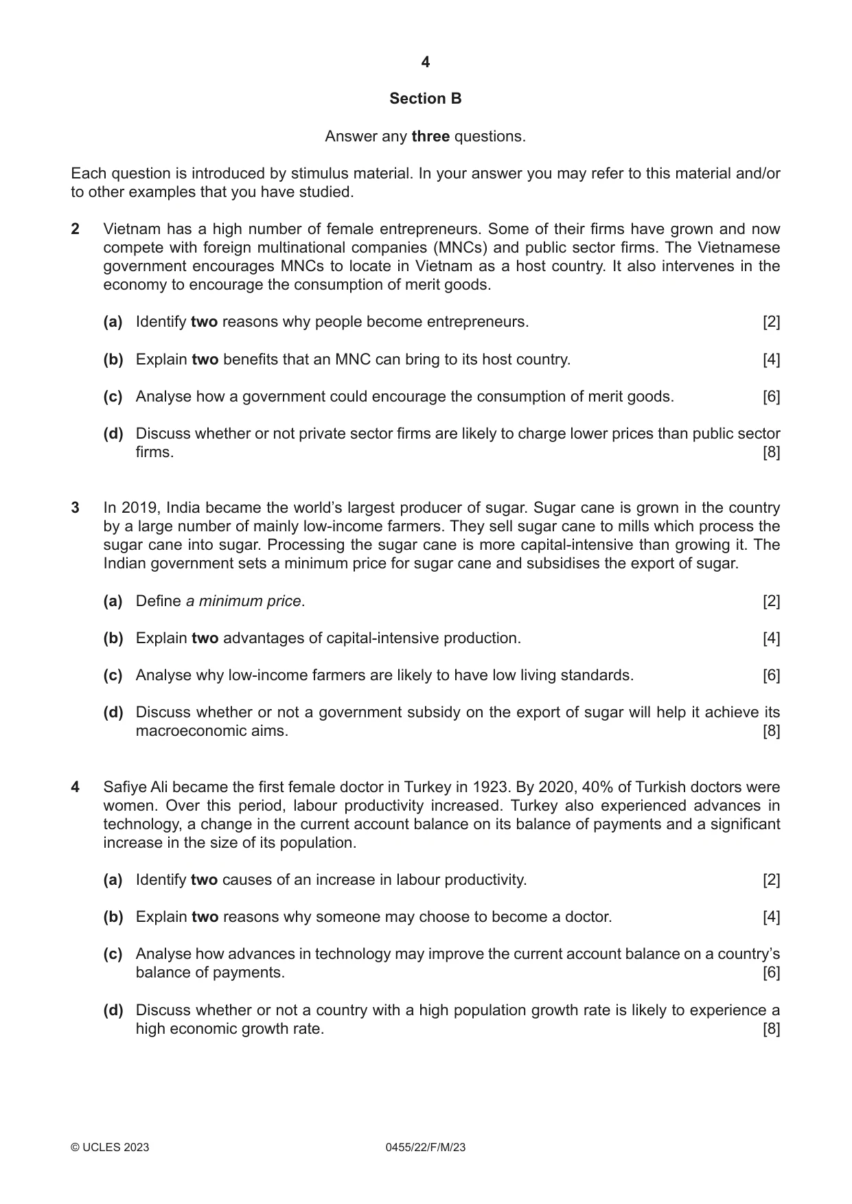 Cambridge IGCSE Economics 0455 2023 Feb/March Paper 2 · Variant 2 question paper, page 4 of 8