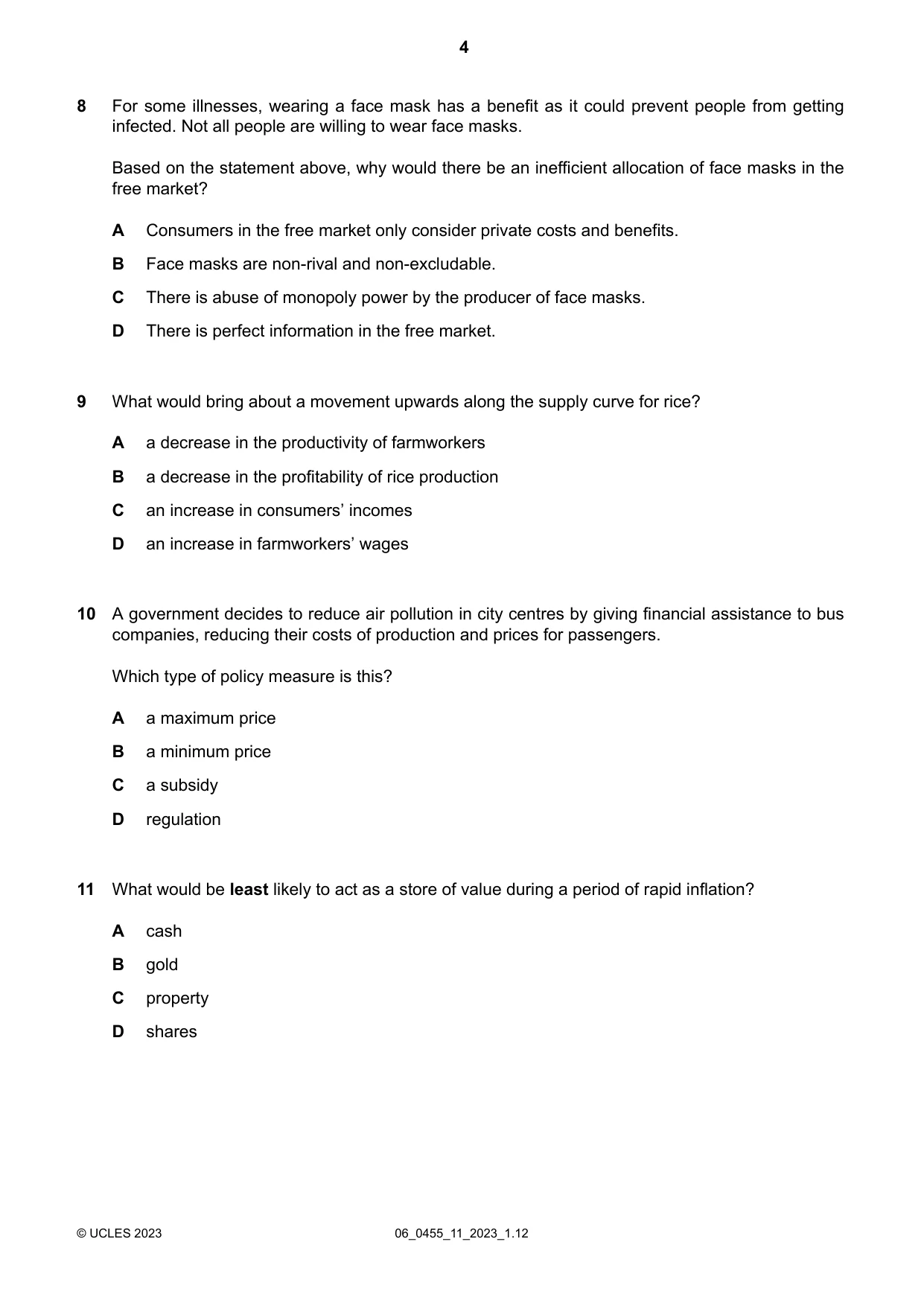 Cambridge IGCSE Economics 0455 2023 May/June Paper 1 · Variant 1 question paper, page 4 of 12
