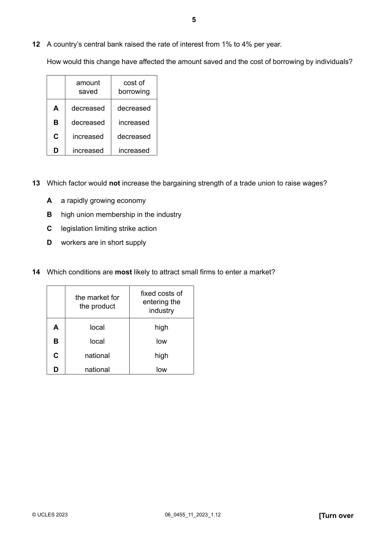 Cambridge IGCSE Economics 0455 2023 May/June Paper 1 · Variant 1 question paper, page 5 of 12