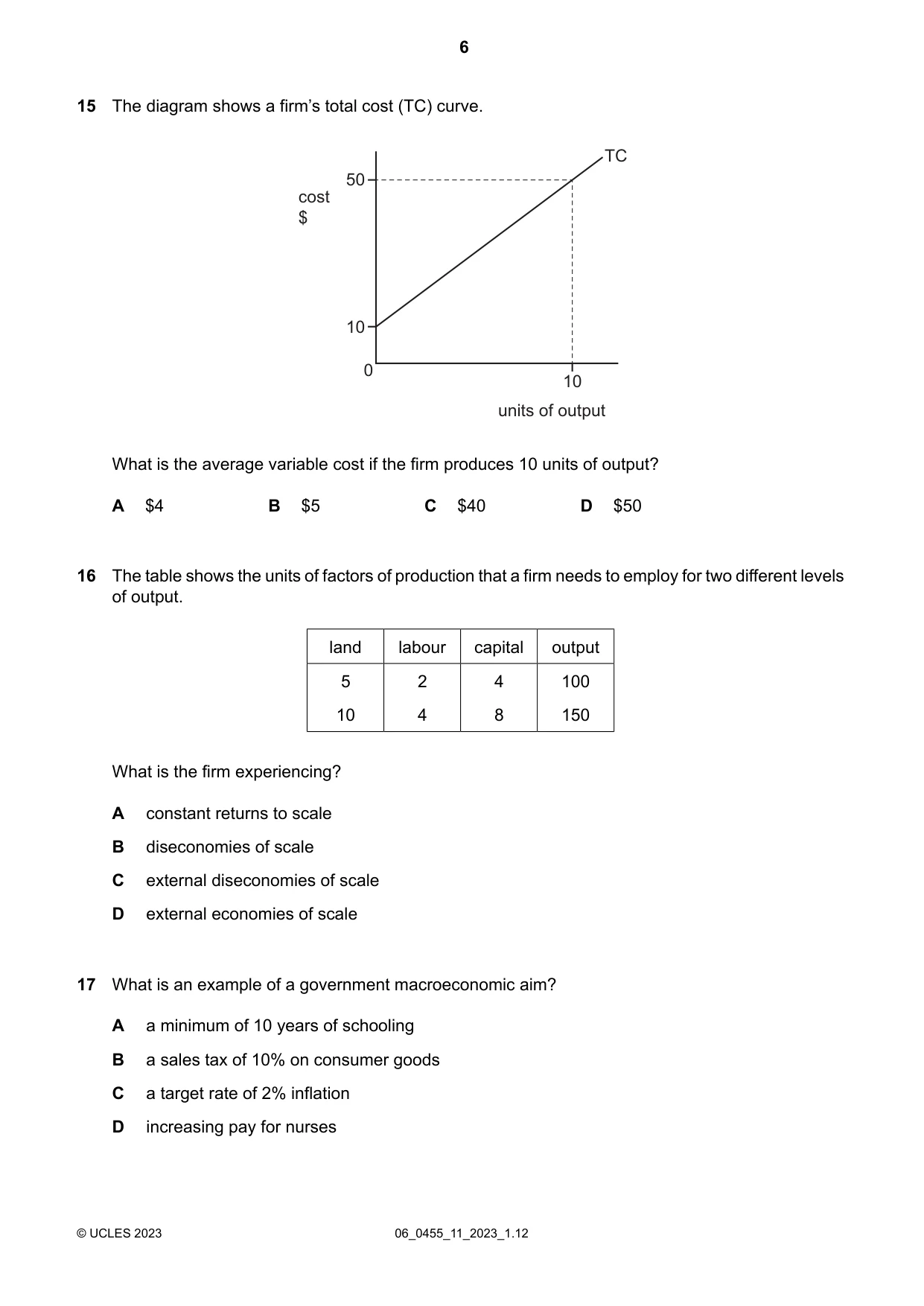 Cambridge IGCSE Economics 0455 2023 May/June Paper 1 · Variant 1 question paper, page 6 of 12