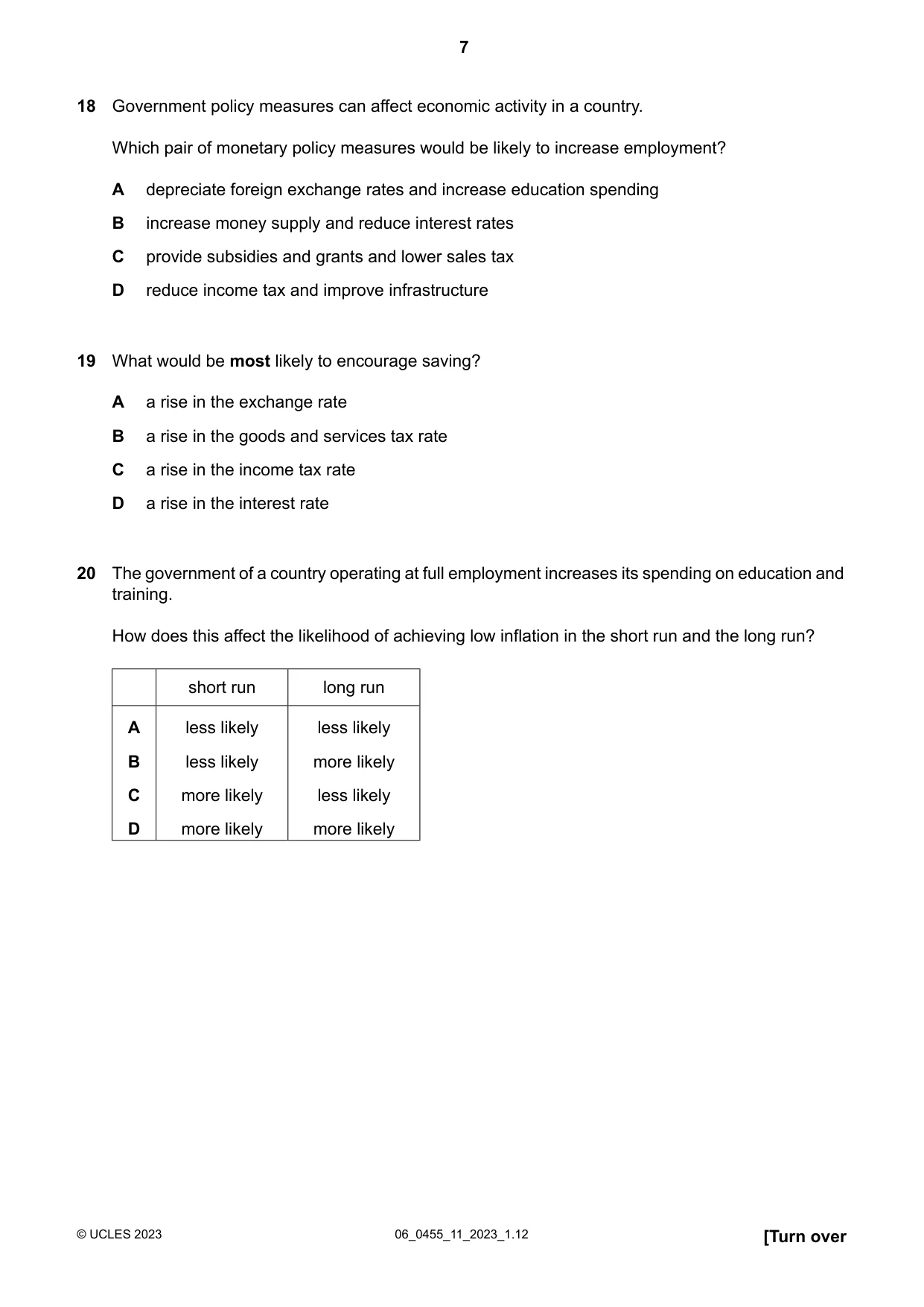 Cambridge IGCSE Economics 0455 2023 May/June Paper 1 · Variant 1 question paper, page 7 of 12