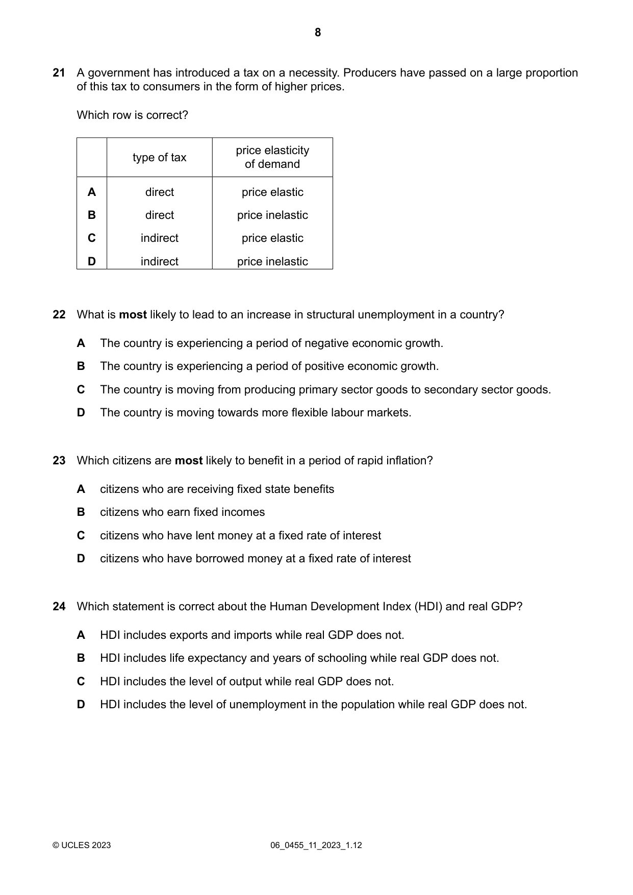 Cambridge IGCSE Economics 0455 2023 May/June Paper 1 · Variant 1 question paper, page 8 of 12