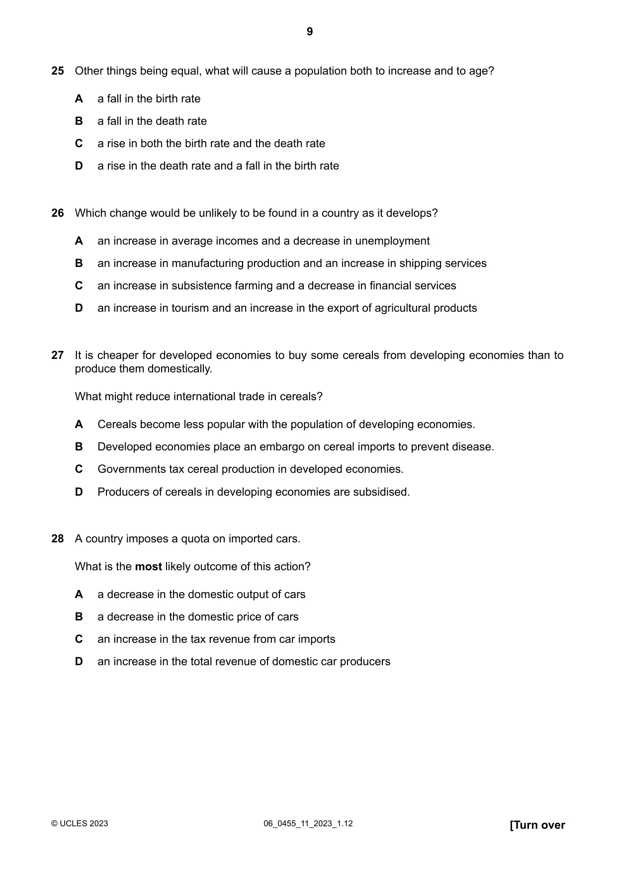 Cambridge IGCSE Economics 0455 2023 May/June Paper 1 · Variant 1 question paper, page 9 of 12