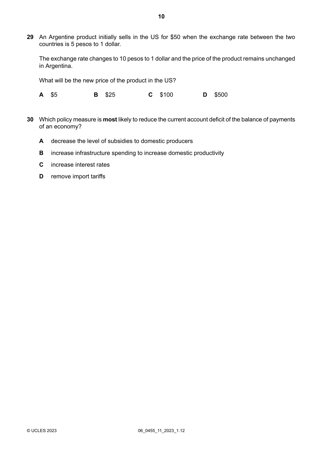 Cambridge IGCSE Economics 0455 2023 May/June Paper 1 · Variant 1 question paper, page 10 of 12