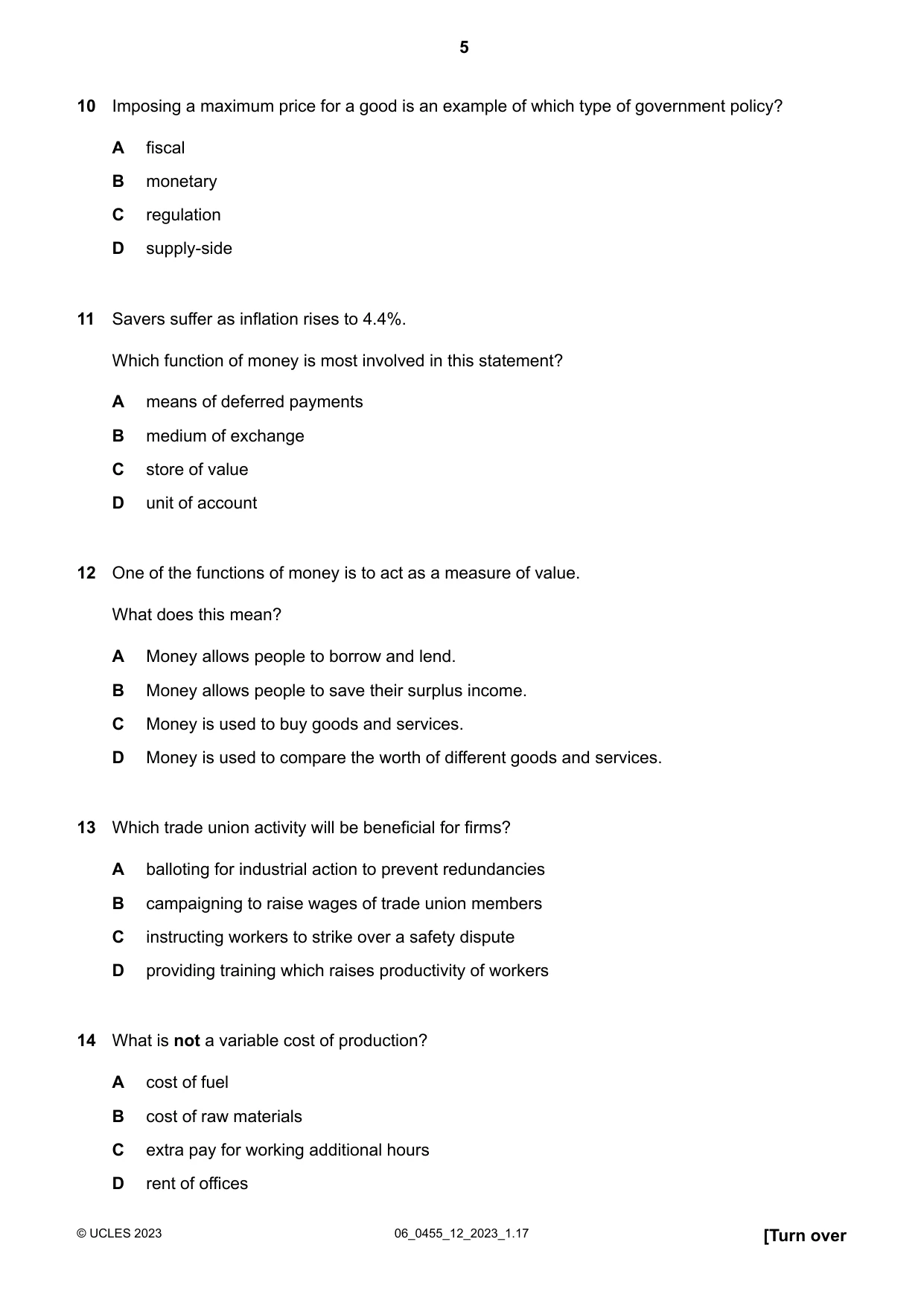 Cambridge IGCSE Economics 0455 2023 May/June Paper 1 · Variant 2 question paper, page 5 of 12