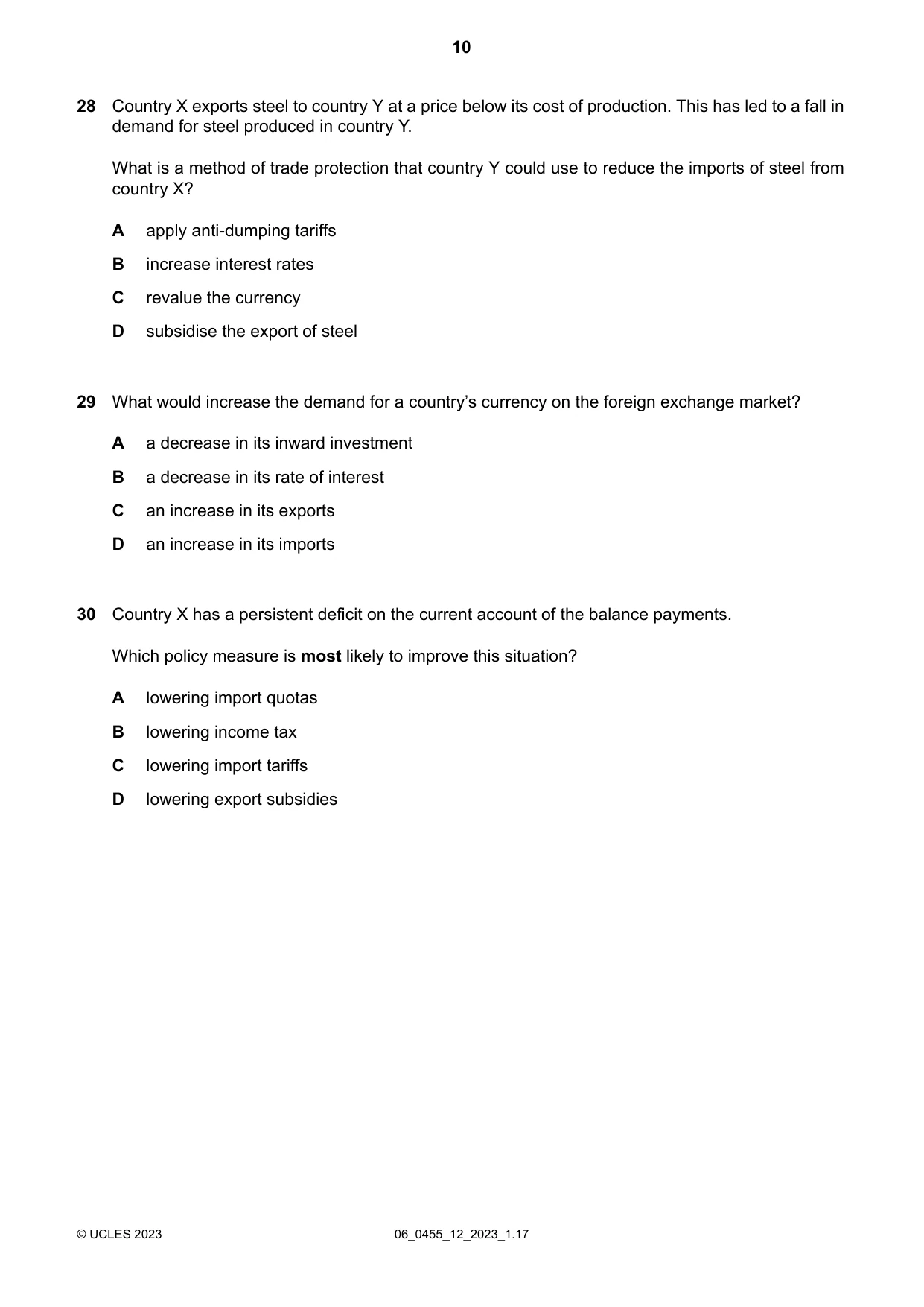 Cambridge IGCSE Economics 0455 2023 May/June Paper 1 · Variant 2 question paper, page 10 of 12