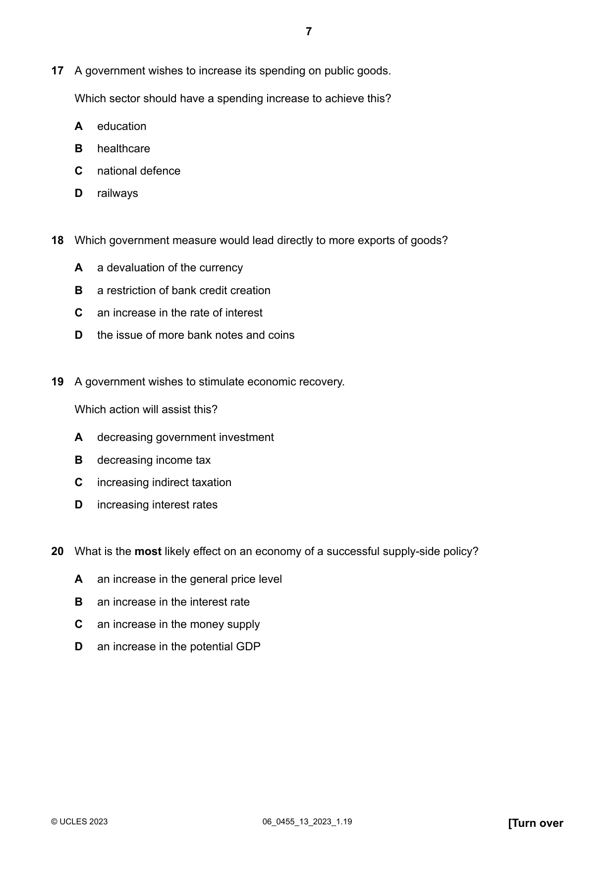 Cambridge IGCSE Economics 0455 2023 May/June Paper 1 · Variant 3 question paper, page 7 of 12