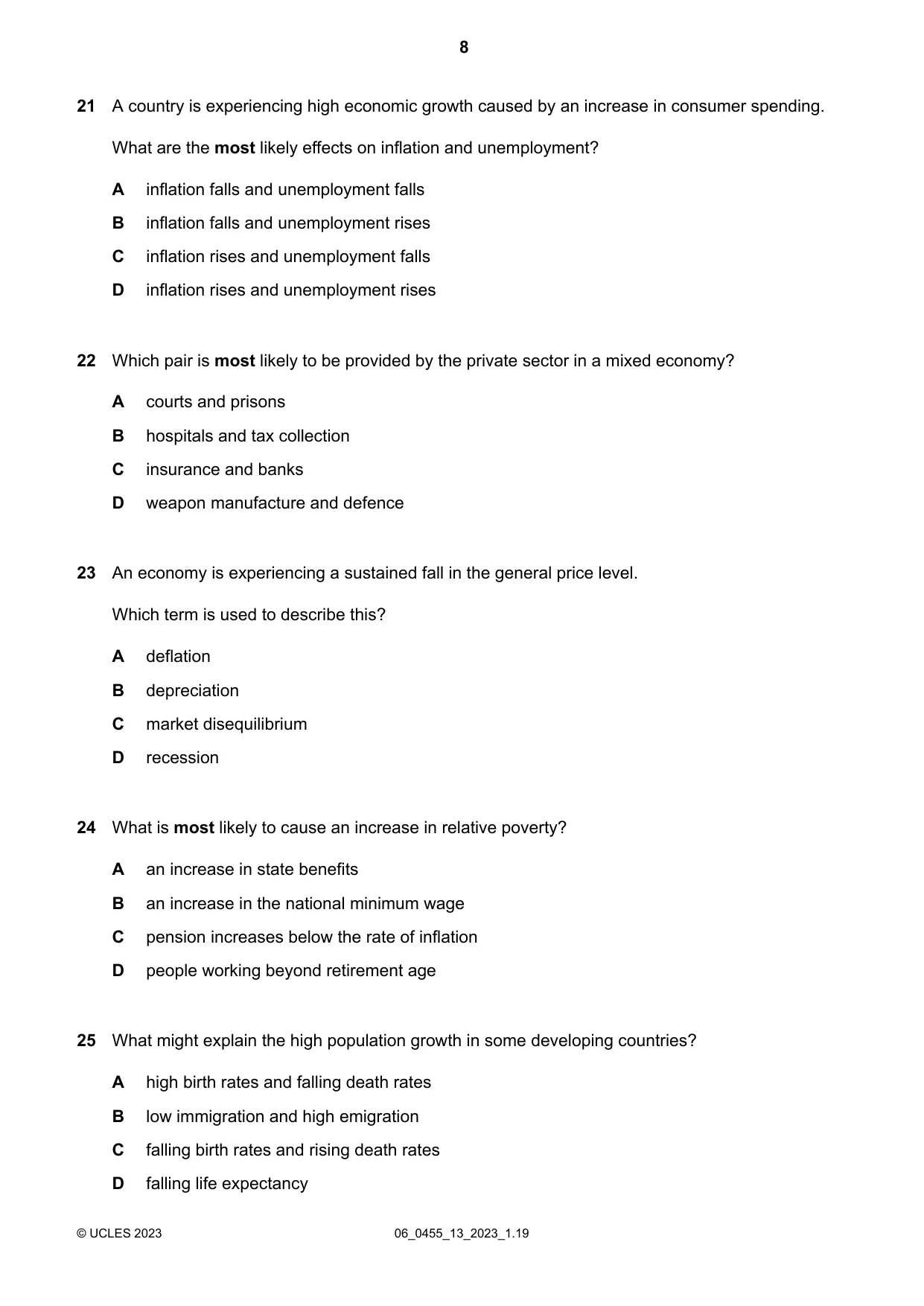 Cambridge IGCSE Economics 0455 2023 May/June Paper 1 · Variant 3 question paper, page 8 of 12