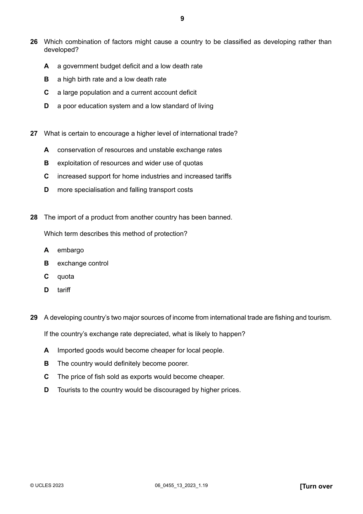 Cambridge IGCSE Economics 0455 2023 May/June Paper 1 · Variant 3 question paper, page 9 of 12
