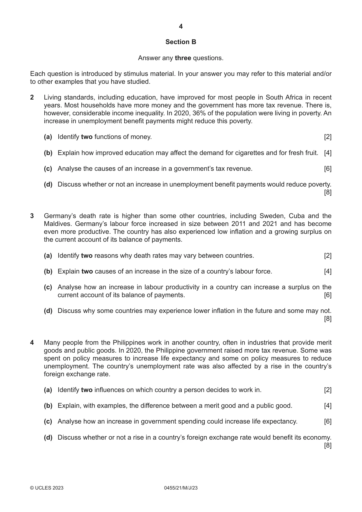 Cambridge IGCSE Economics 0455 2023 May/June Paper 2 · Variant 1 question paper, page 4 of 8
