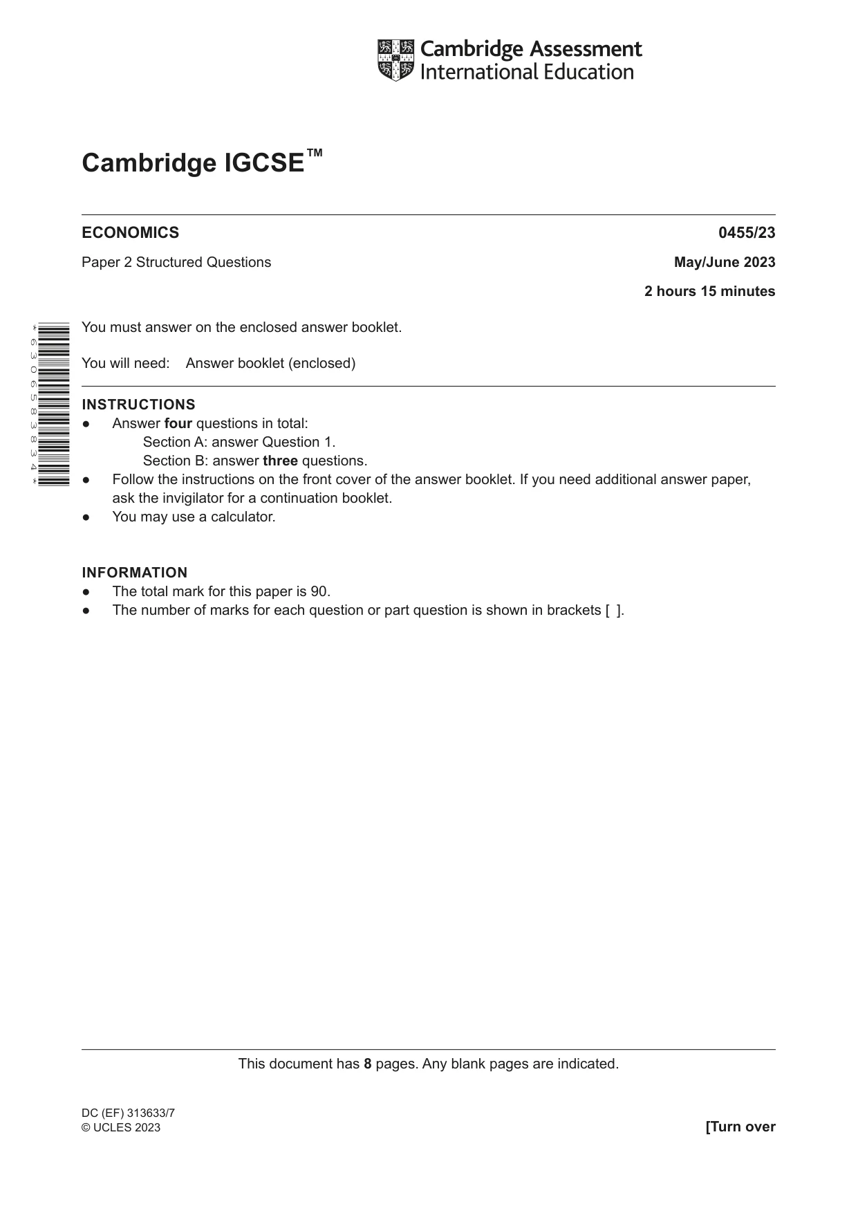 Cambridge IGCSE Economics 0455 2023 May/June Paper 2 · Variant 3 question paper, page 1 of 8