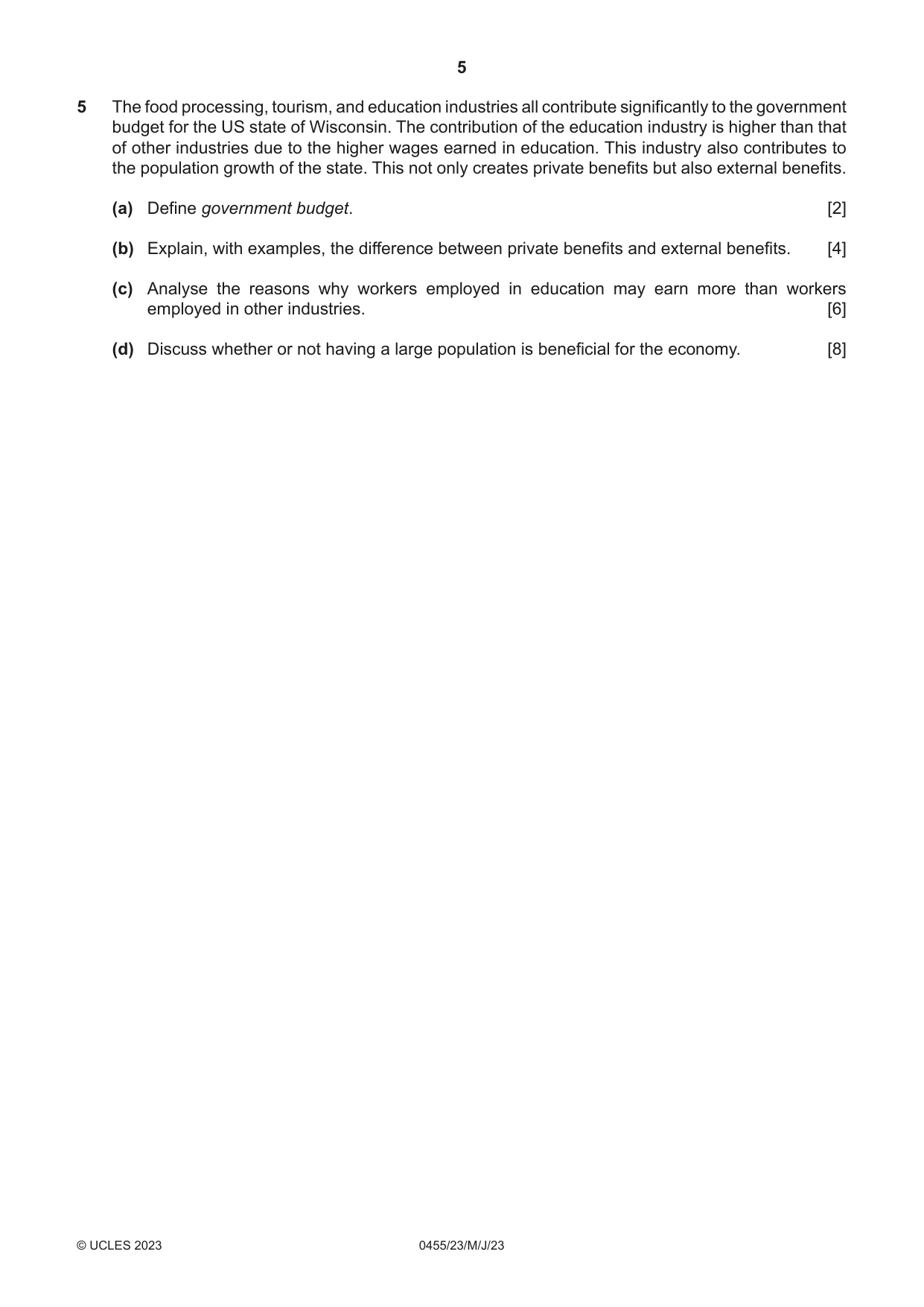 Cambridge IGCSE Economics 0455 2023 May/June Paper 2 · Variant 3 question paper, page 5 of 8