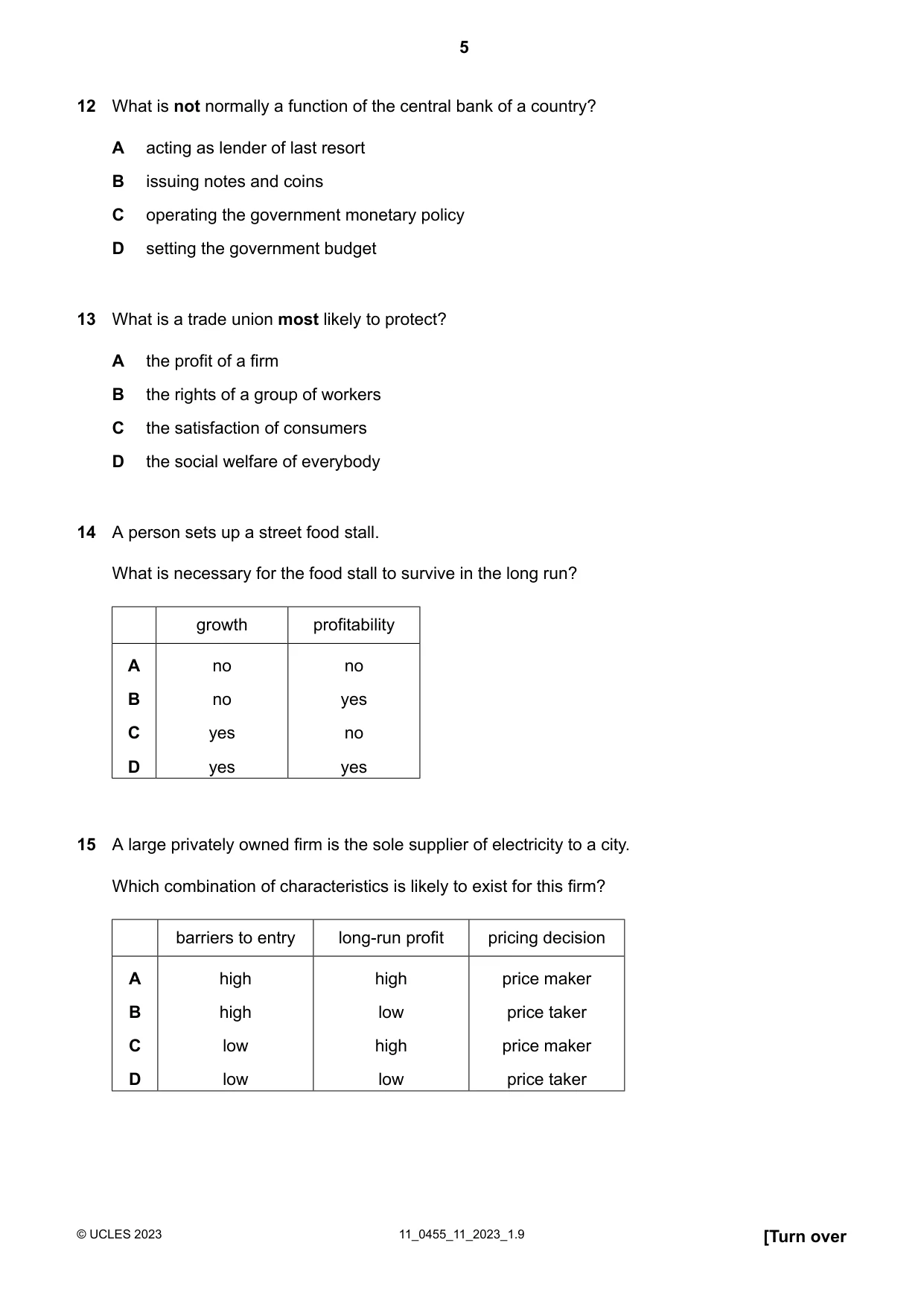 Cambridge IGCSE Economics 0455 2023 Oct/Nov Paper 1 · Variant 1 question paper, page 5 of 12