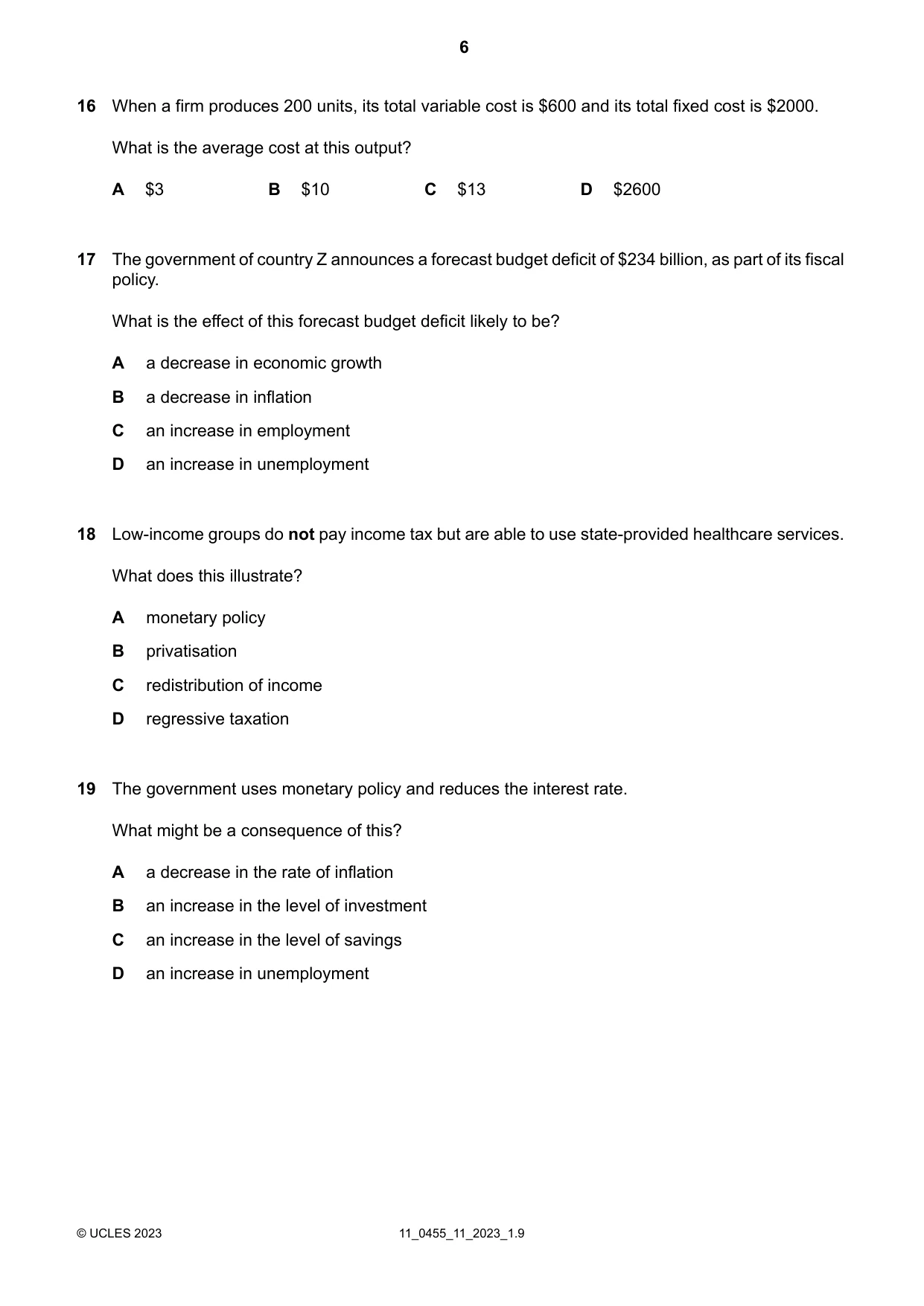 Cambridge IGCSE Economics 0455 2023 Oct/Nov Paper 1 · Variant 1 question paper, page 6 of 12