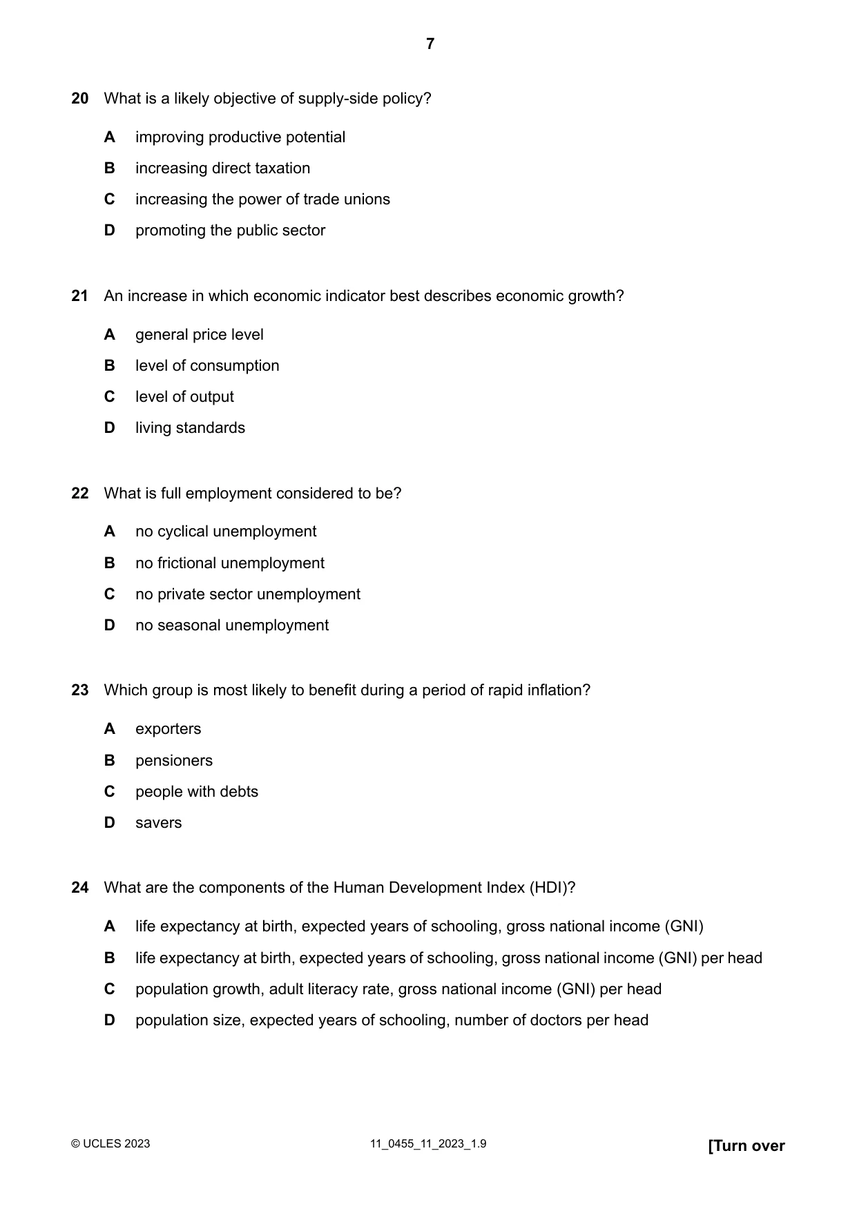 Cambridge IGCSE Economics 0455 2023 Oct/Nov Paper 1 · Variant 1 question paper, page 7 of 12