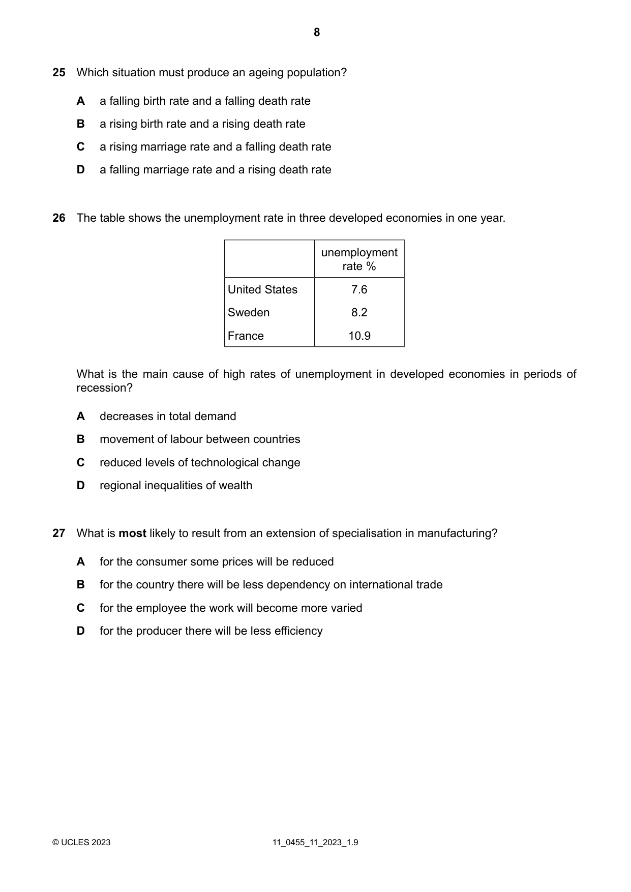 Cambridge IGCSE Economics 0455 2023 Oct/Nov Paper 1 · Variant 1 question paper, page 8 of 12