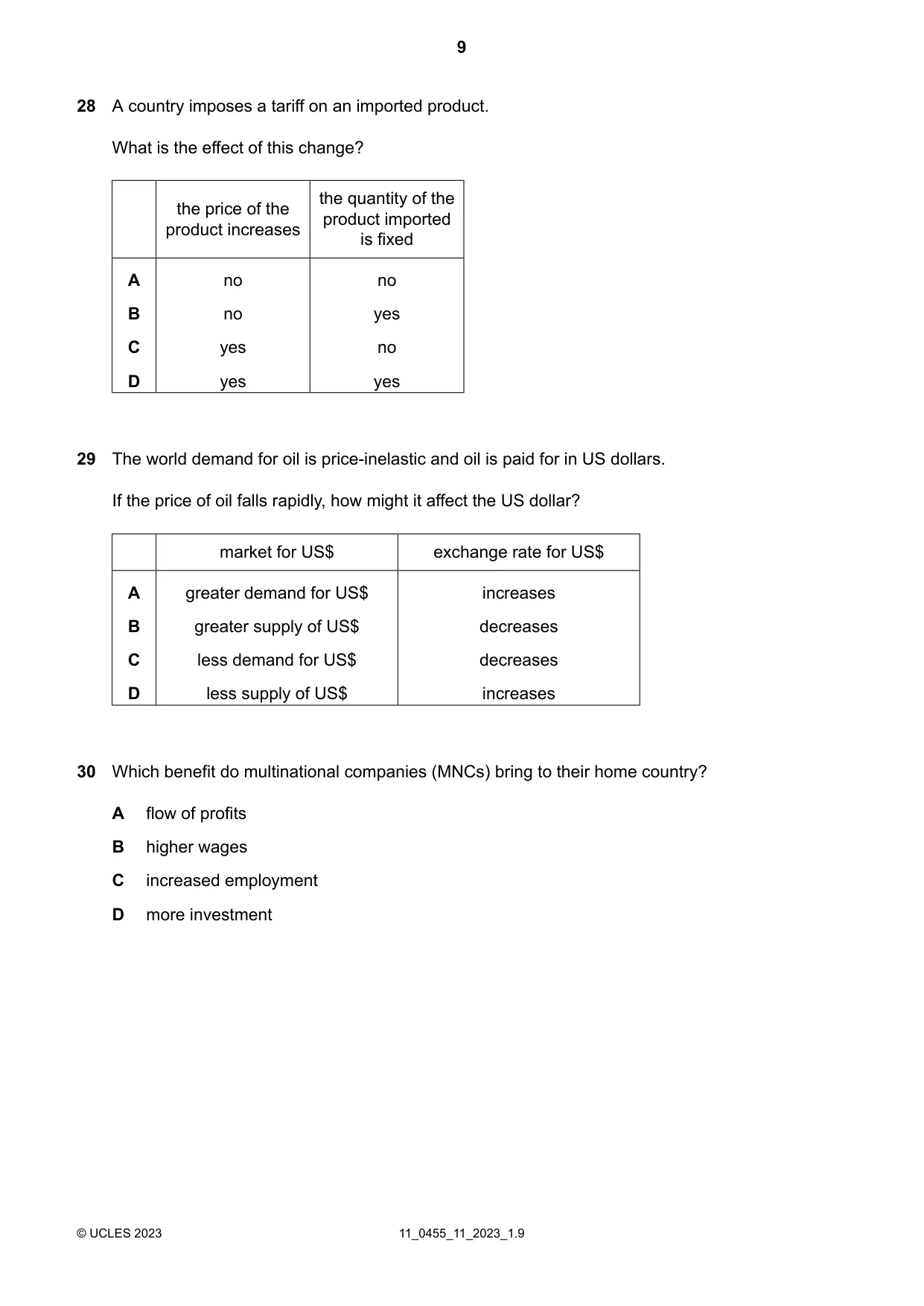 Cambridge IGCSE Economics 0455 2023 Oct/Nov Paper 1 · Variant 1 question paper, page 9 of 12