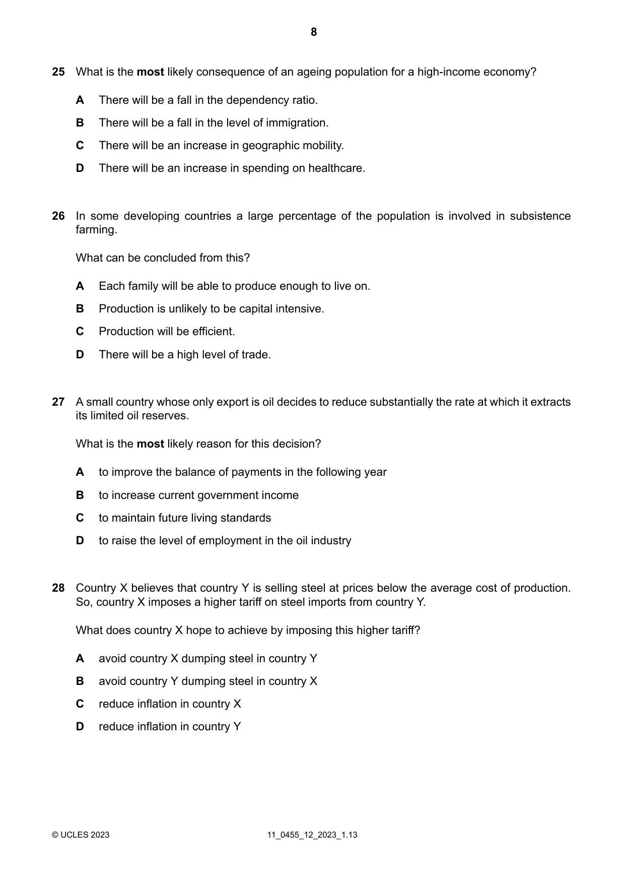 Cambridge IGCSE Economics 0455 2023 Oct/Nov Paper 1 · Variant 2 question paper, page 8 of 12