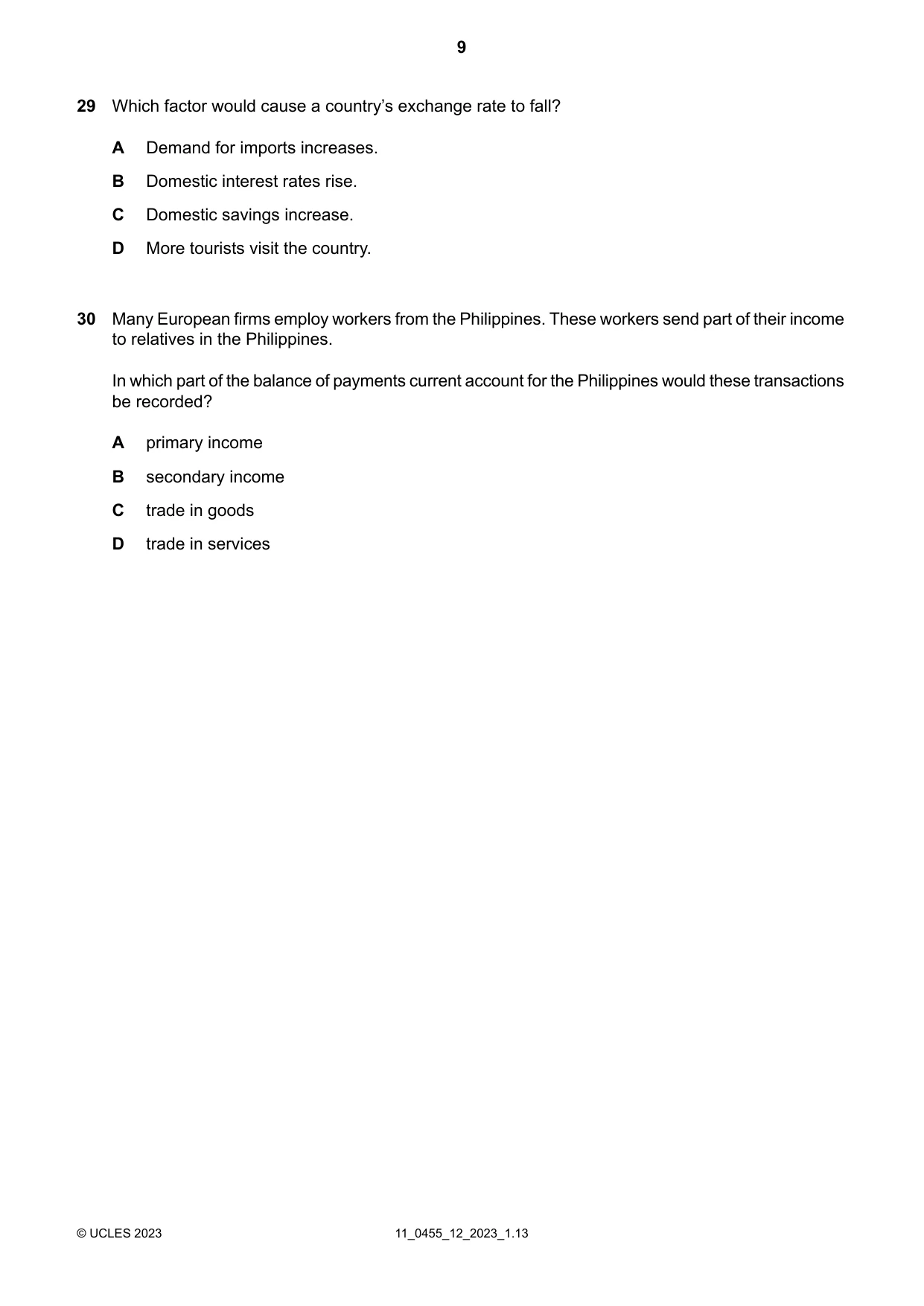Cambridge IGCSE Economics 0455 2023 Oct/Nov Paper 1 · Variant 2 question paper, page 9 of 12