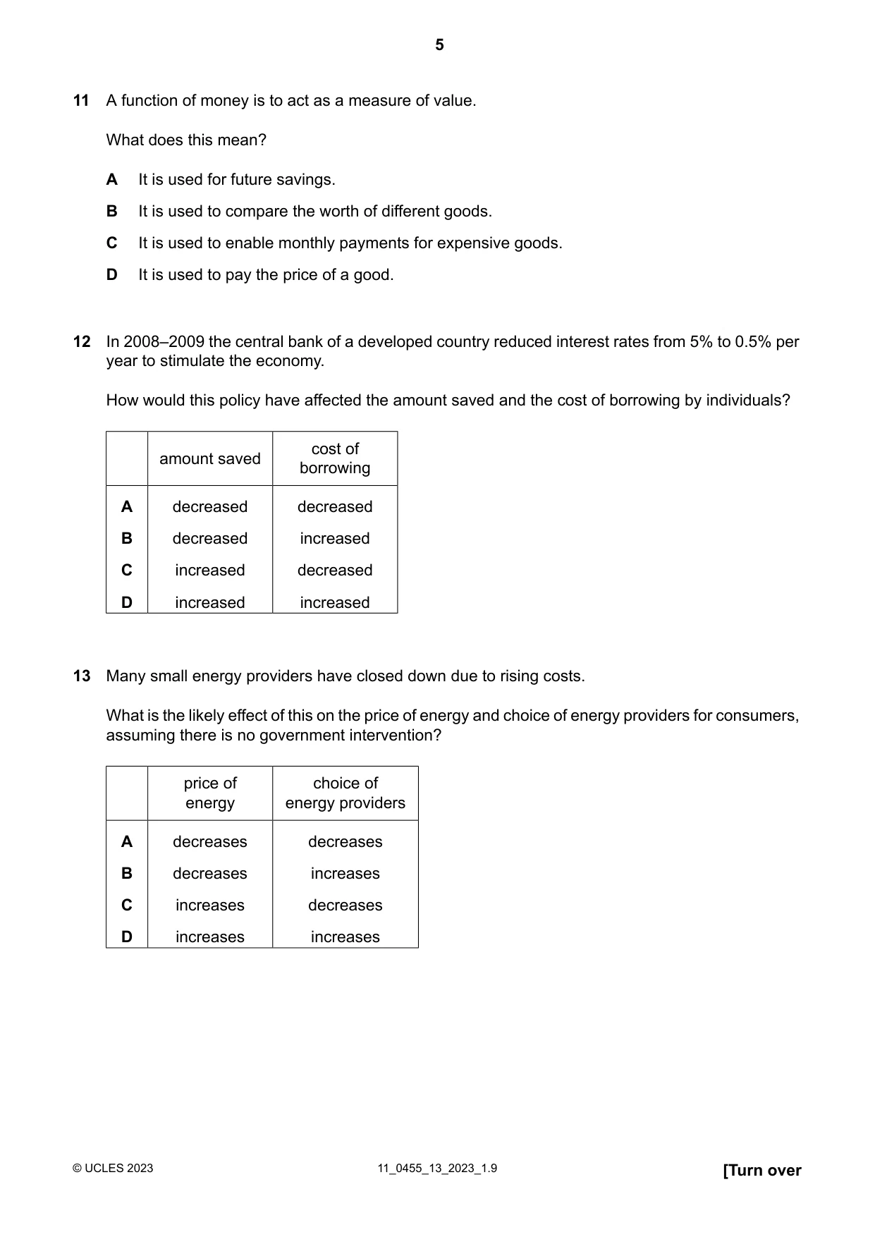 Cambridge IGCSE Economics 0455 2023 Oct/Nov Paper 1 · Variant 3 question paper, page 5 of 12