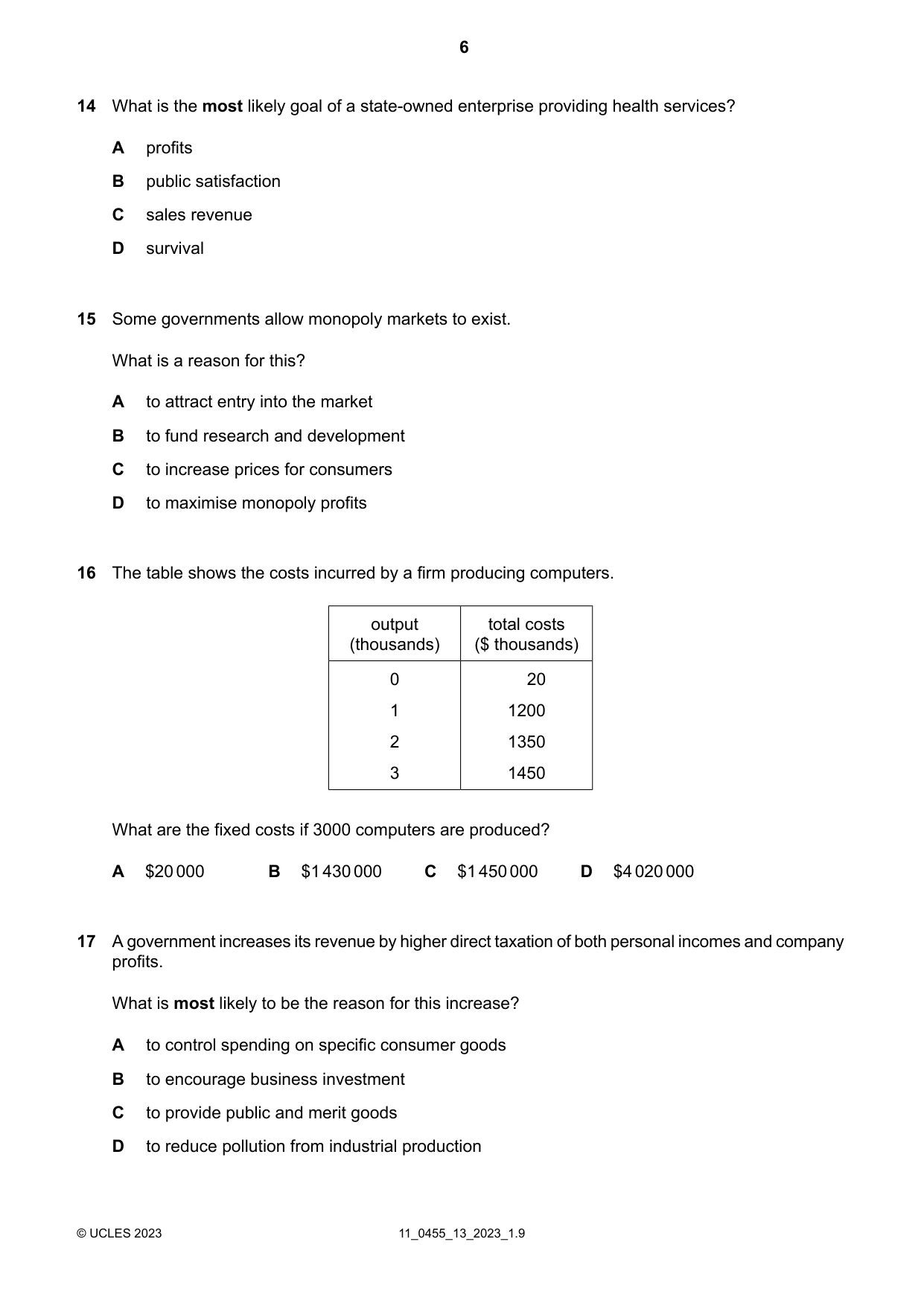 Cambridge IGCSE Economics 0455 2023 Oct/Nov Paper 1 · Variant 3 question paper, page 6 of 12