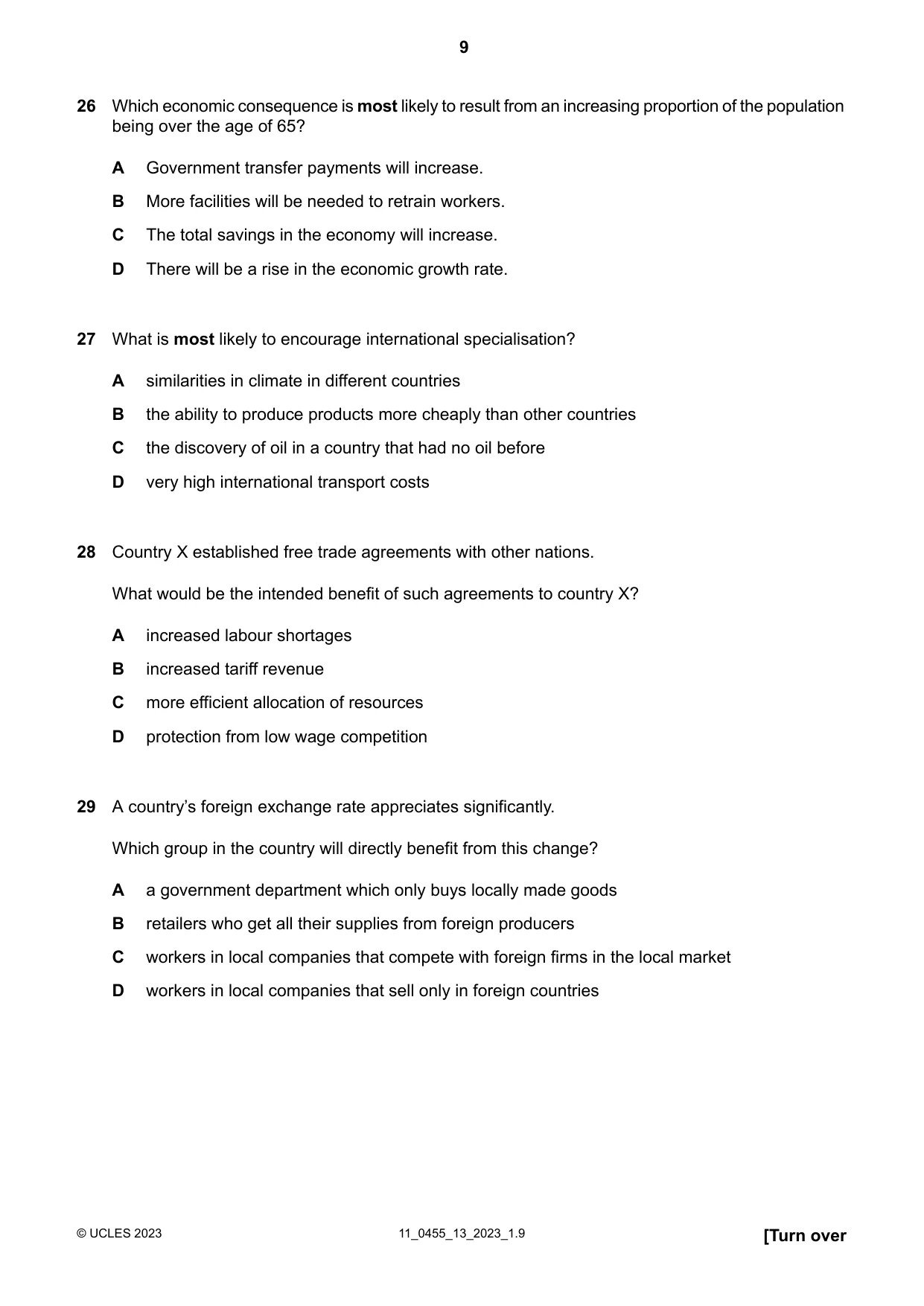 Cambridge IGCSE Economics 0455 2023 Oct/Nov Paper 1 · Variant 3 question paper, page 9 of 12