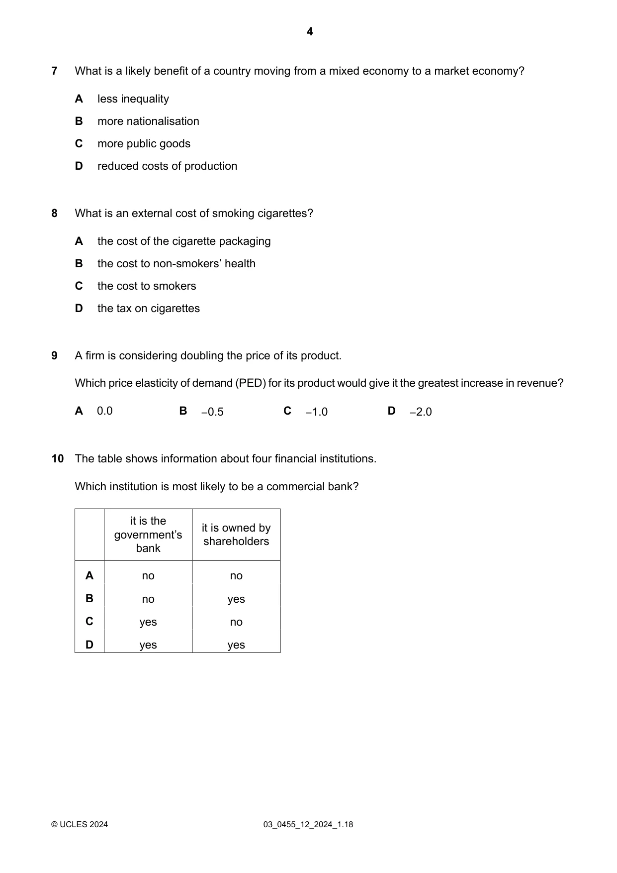 Cambridge IGCSE Economics 0455 2024 Feb/March Paper 1 · Variant 2 question paper, page 4 of 12