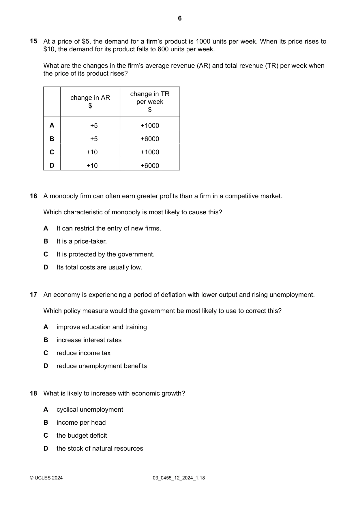 Cambridge IGCSE Economics 0455 2024 Feb/March Paper 1 · Variant 2 question paper, page 6 of 12