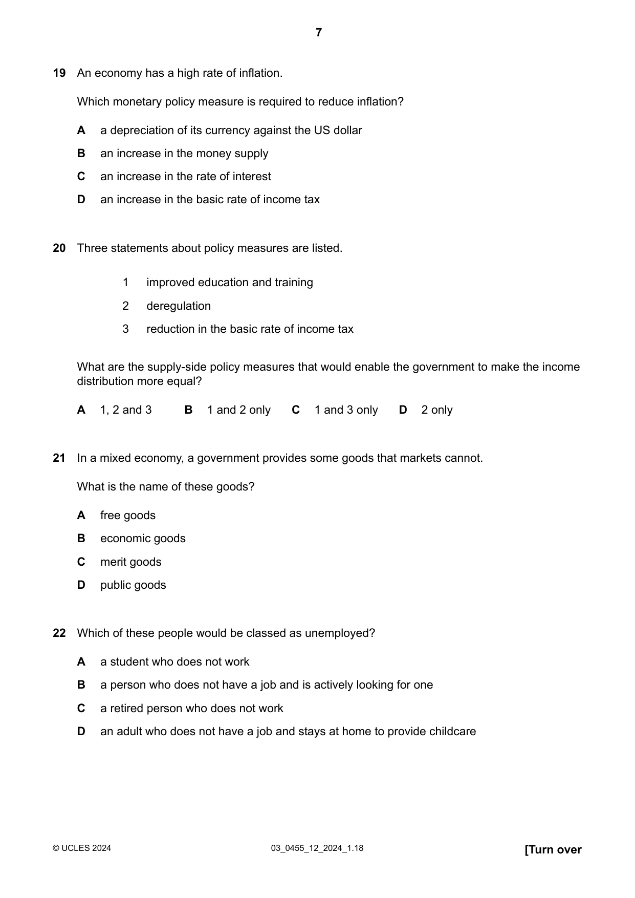 Cambridge IGCSE Economics 0455 2024 Feb/March Paper 1 · Variant 2 question paper, page 7 of 12