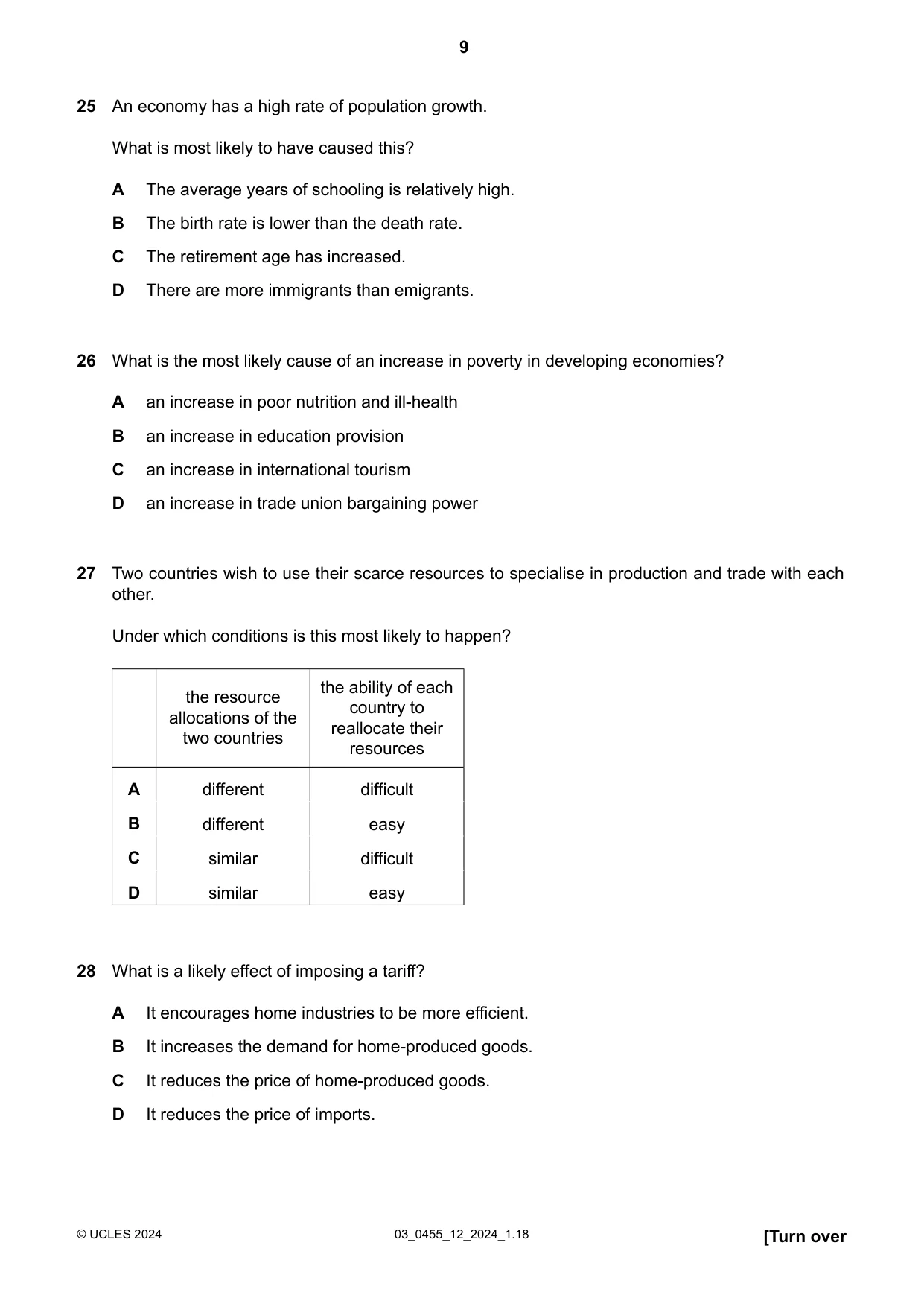 Cambridge IGCSE Economics 0455 2024 Feb/March Paper 1 · Variant 2 question paper, page 9 of 12