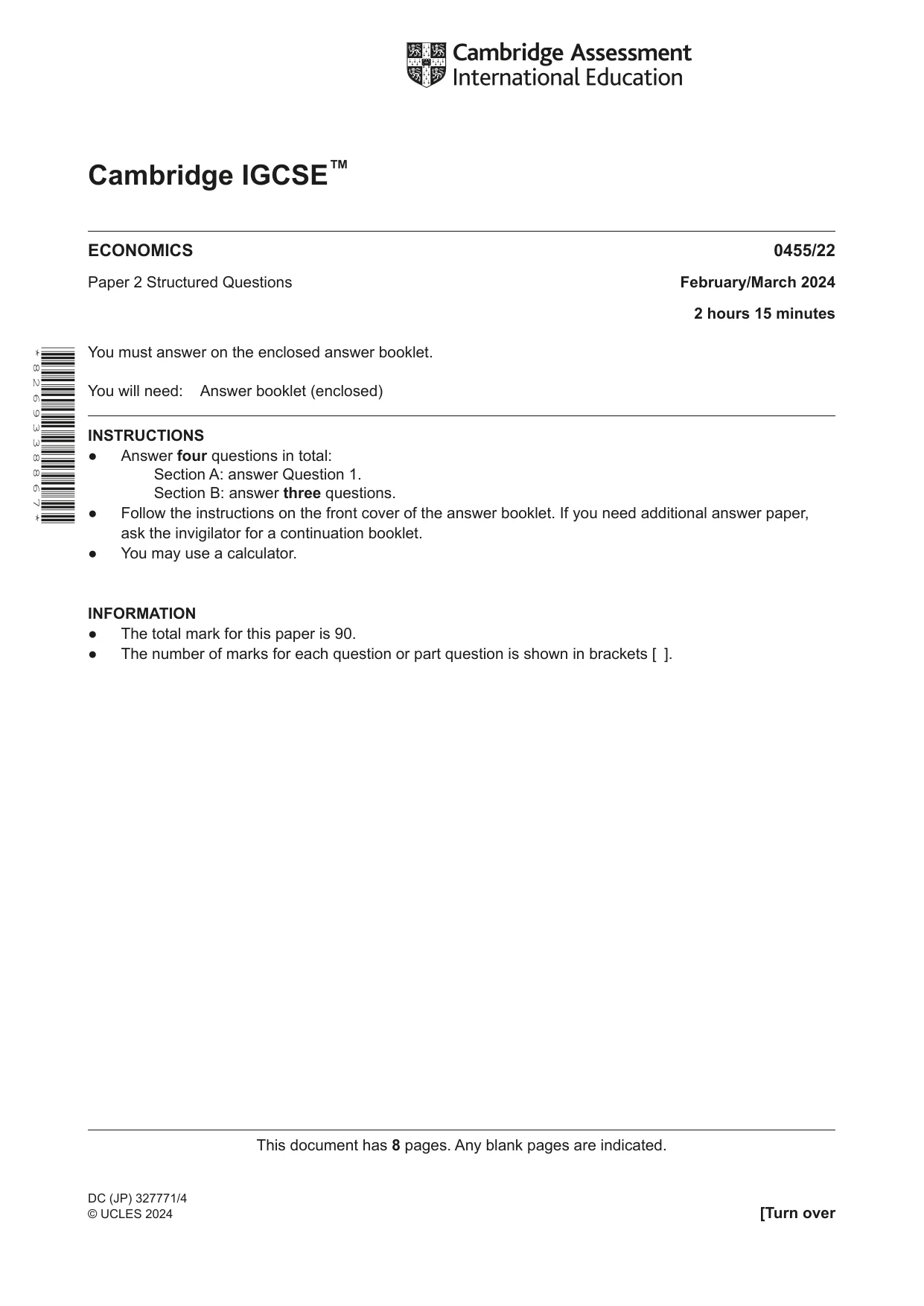 Cambridge IGCSE Economics 0455 2024 Feb/March Paper 2 · Variant 2 question paper, page 1 of 8
