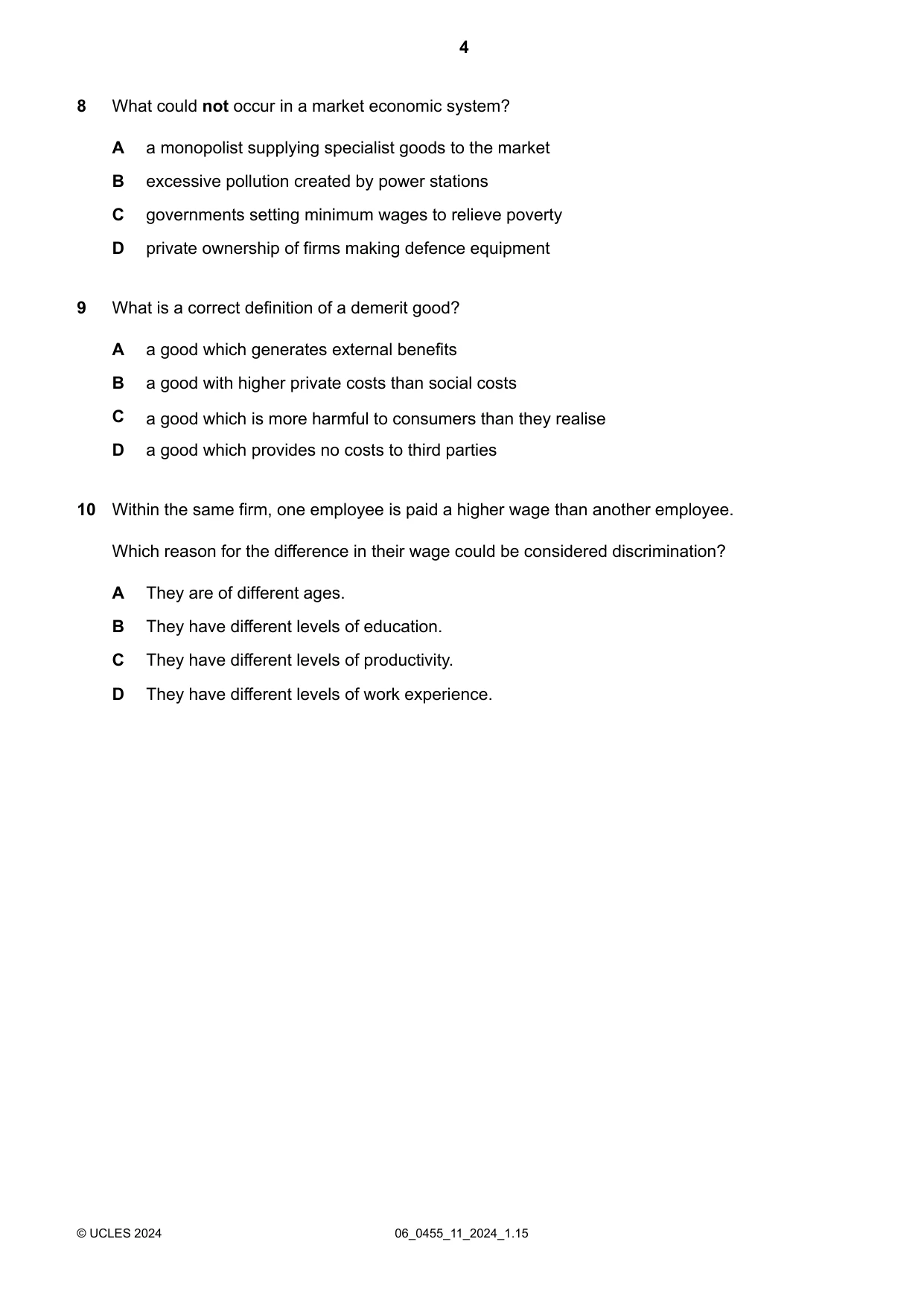 Cambridge IGCSE Economics 0455 2024 May/June Paper 1 · Variant 1 question paper, page 4 of 12