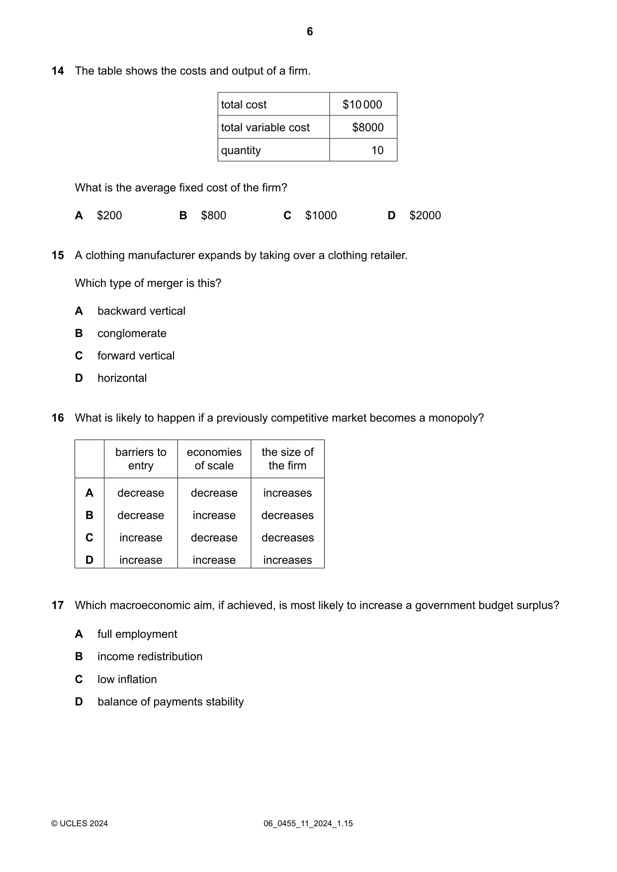 Cambridge IGCSE Economics 0455 2024 May/June Paper 1 · Variant 1 question paper, page 6 of 12