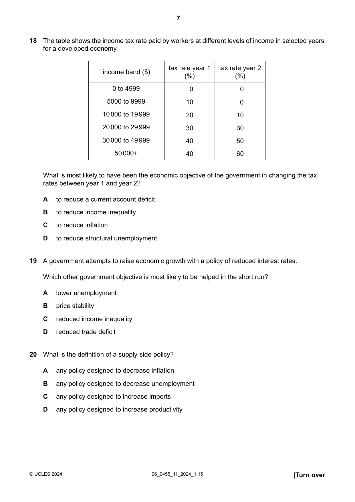 Cambridge IGCSE Economics 0455 2024 May/June Paper 1 · Variant 1 question paper, page 7 of 12