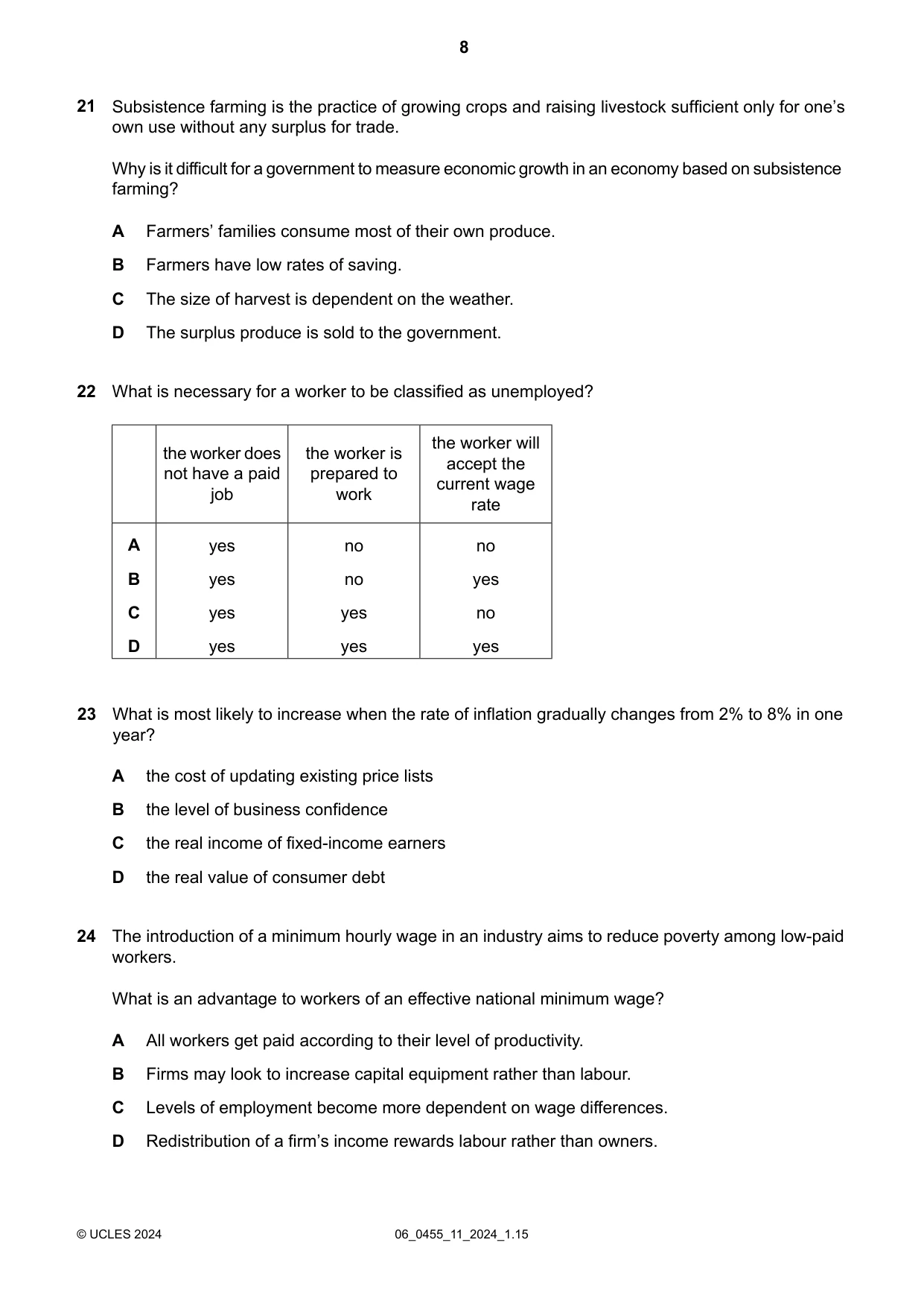 Cambridge IGCSE Economics 0455 2024 May/June Paper 1 · Variant 1 question paper, page 8 of 12