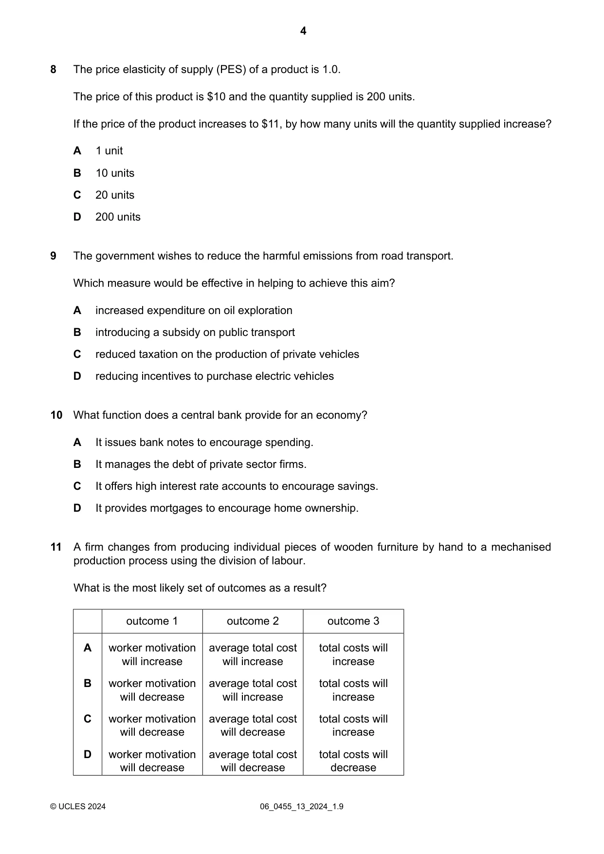 Cambridge IGCSE Economics 0455 2024 May/June Paper 1 · Variant 3 question paper, page 4 of 12