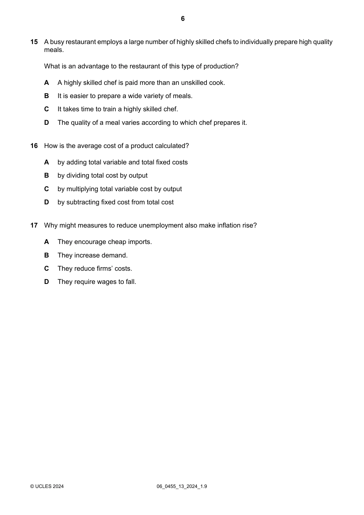 Cambridge IGCSE Economics 0455 2024 May/June Paper 1 · Variant 3 question paper, page 6 of 12