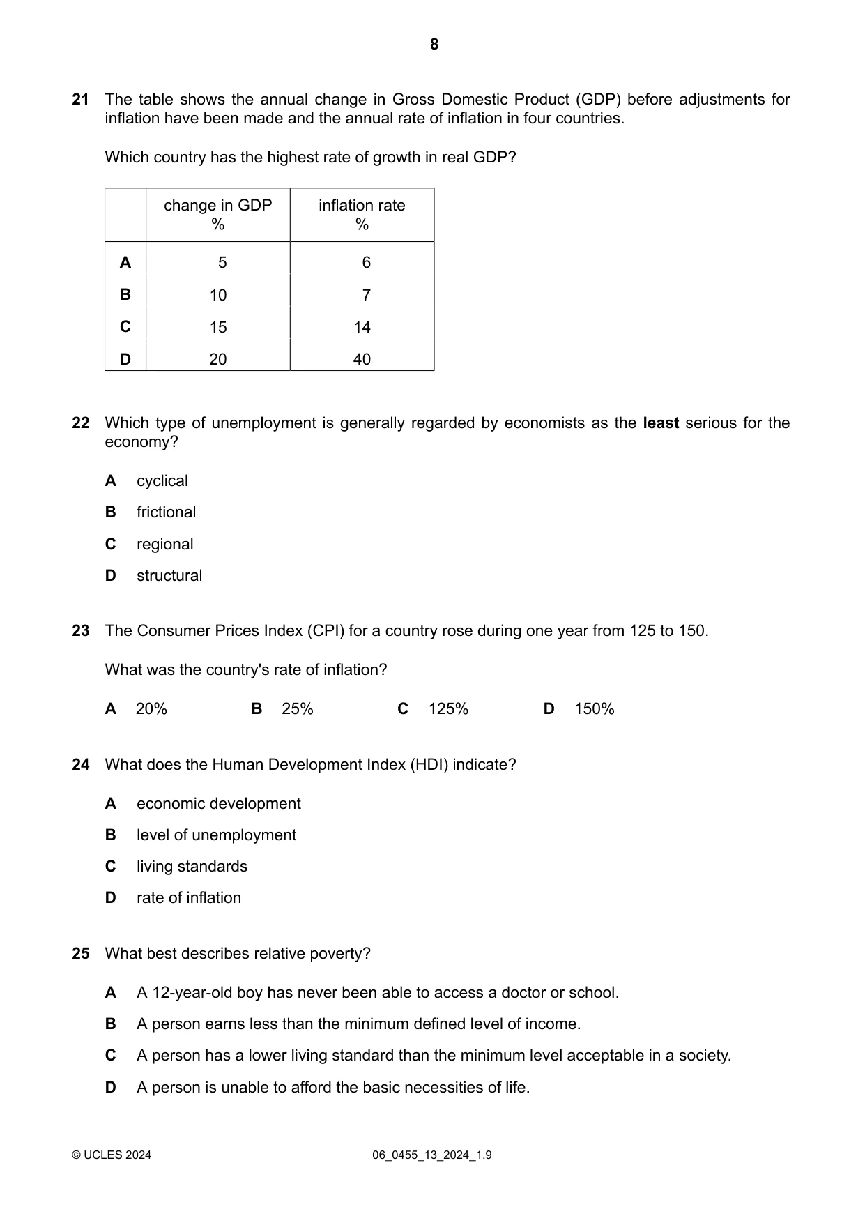 Cambridge IGCSE Economics 0455 2024 May/June Paper 1 · Variant 3 question paper, page 8 of 12