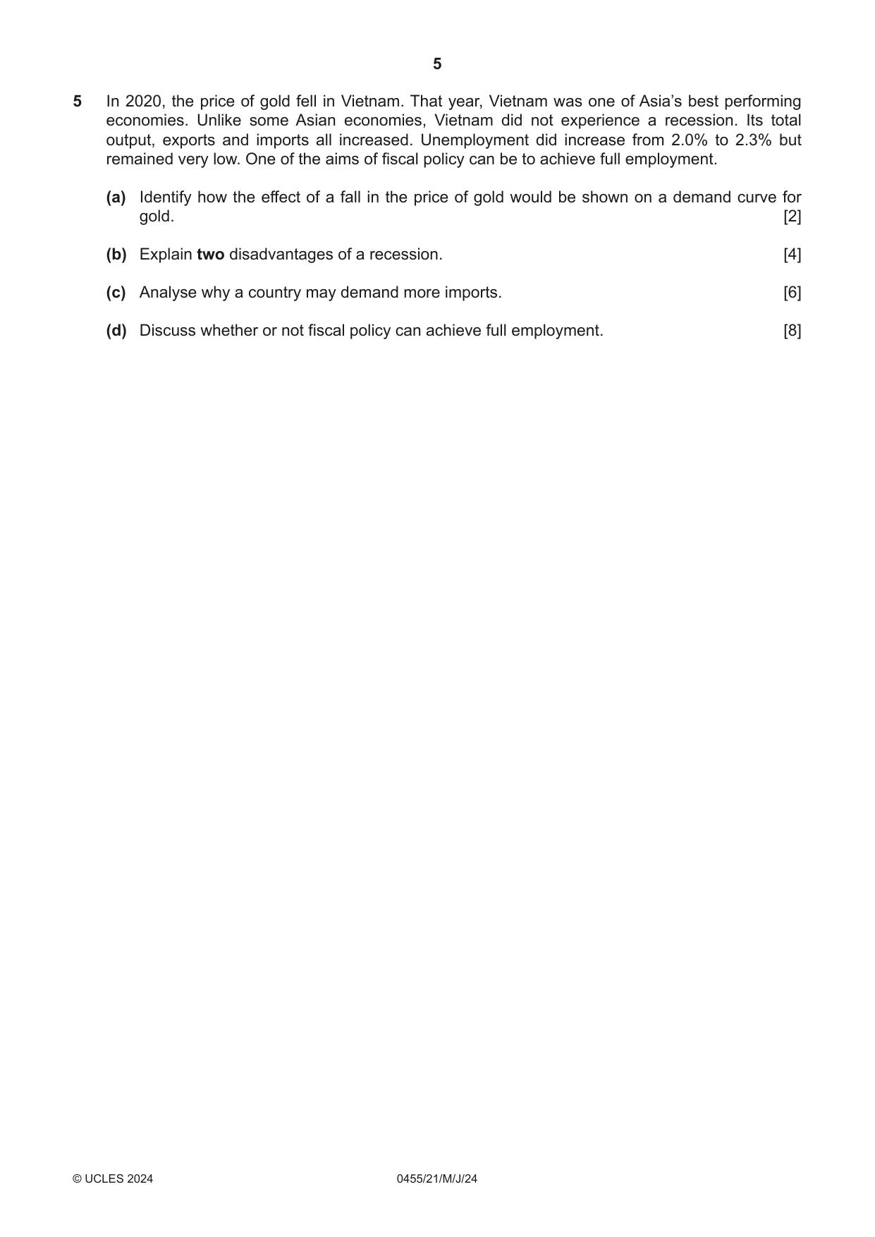 Cambridge IGCSE Economics 0455 2024 May/June Paper 2 · Variant 1 question paper, page 5 of 8