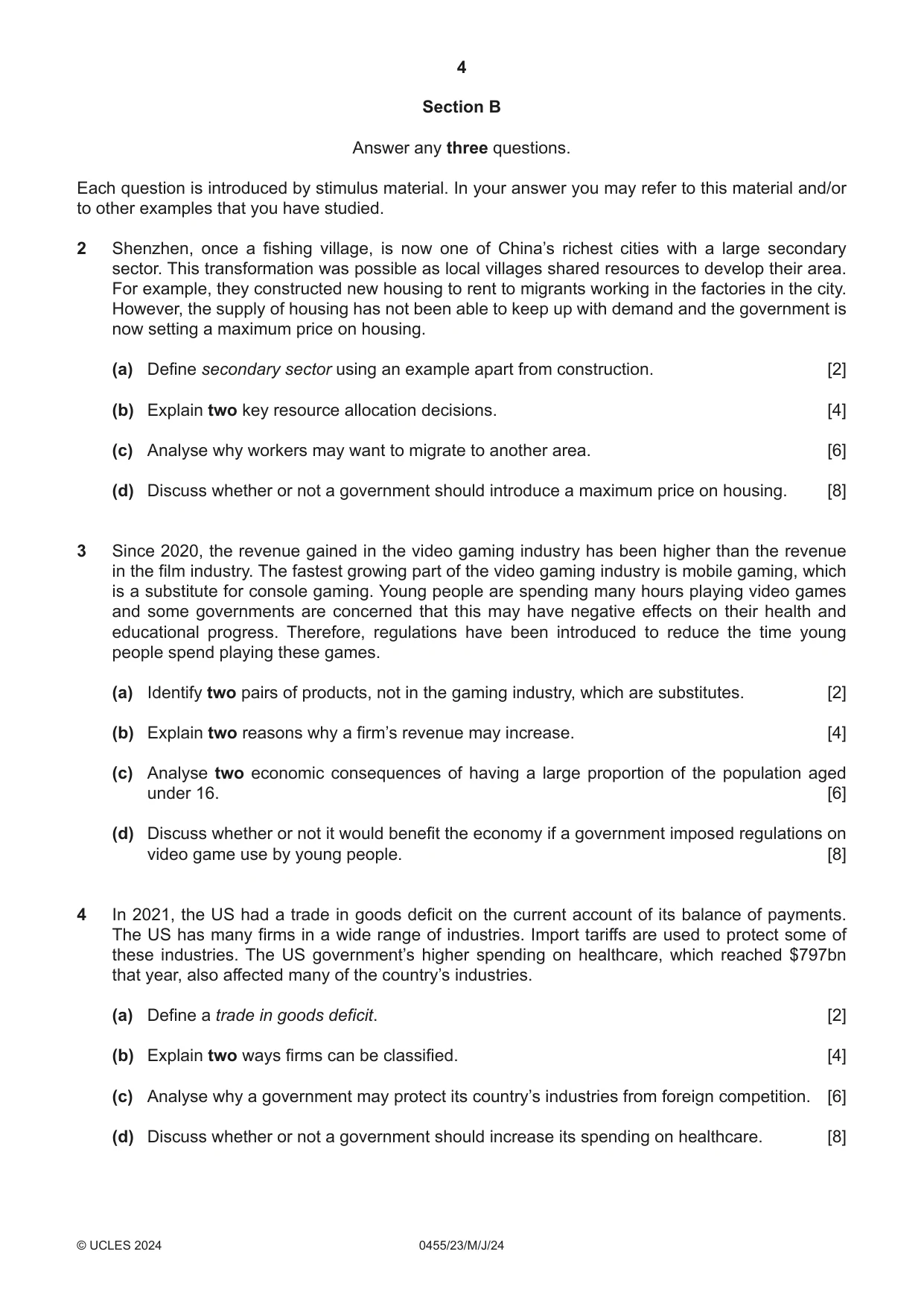Cambridge IGCSE Economics 0455 2024 May/June Paper 2 · Variant 3 question paper, page 4 of 8