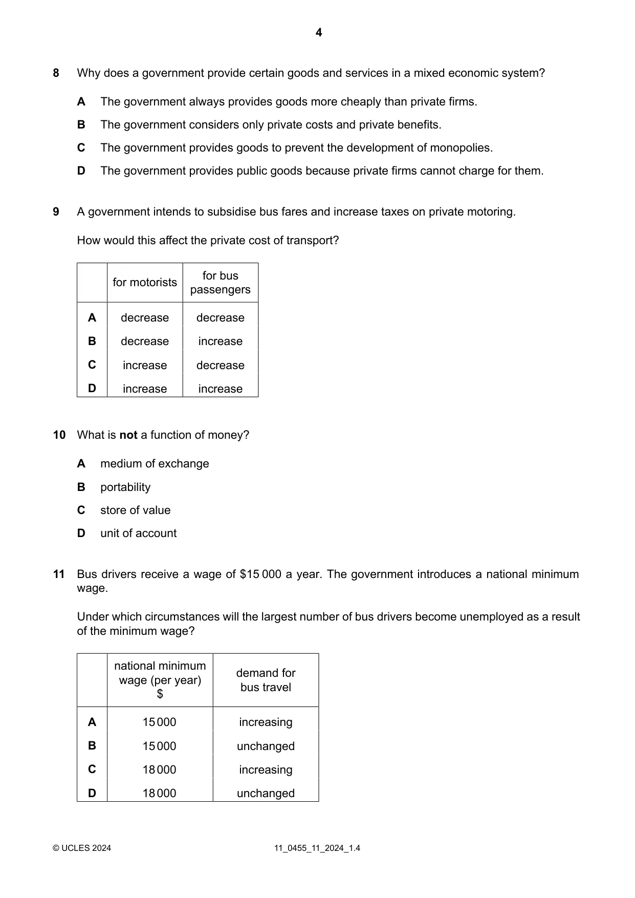 Cambridge IGCSE Economics 0455 2024 Oct/Nov Paper 1 · Variant 1 question paper, page 4 of 12