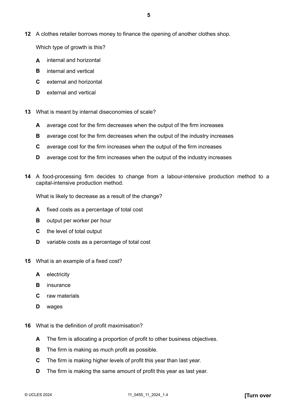 Cambridge IGCSE Economics 0455 2024 Oct/Nov Paper 1 · Variant 1 question paper, page 5 of 12