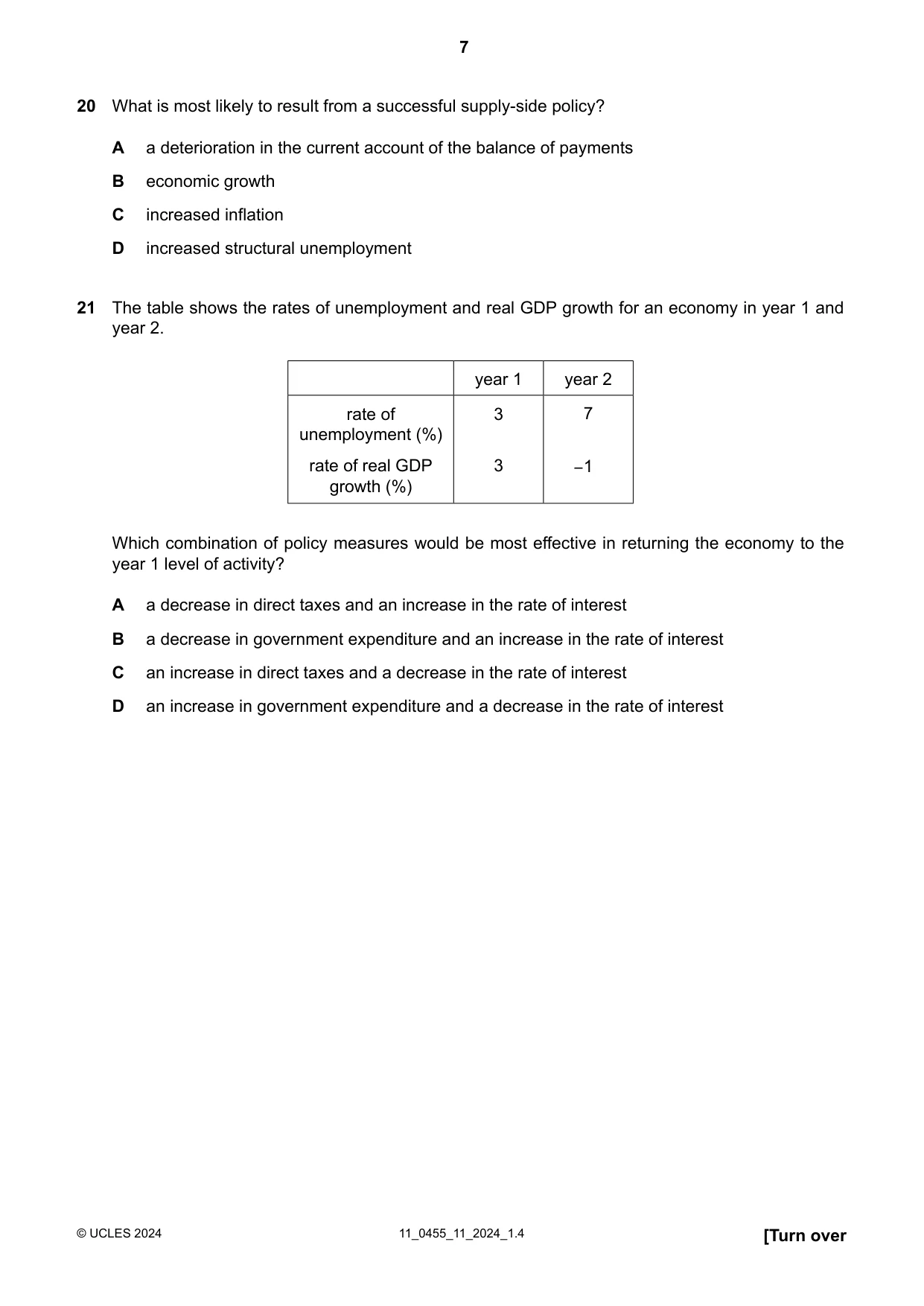 Cambridge IGCSE Economics 0455 2024 Oct/Nov Paper 1 · Variant 1 question paper, page 7 of 12