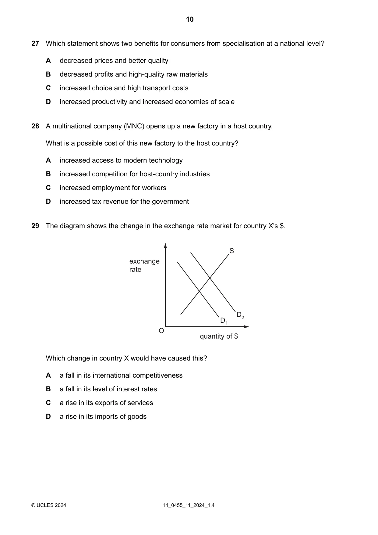 Cambridge IGCSE Economics 0455 2024 Oct/Nov Paper 1 · Variant 1 question paper, page 10 of 12