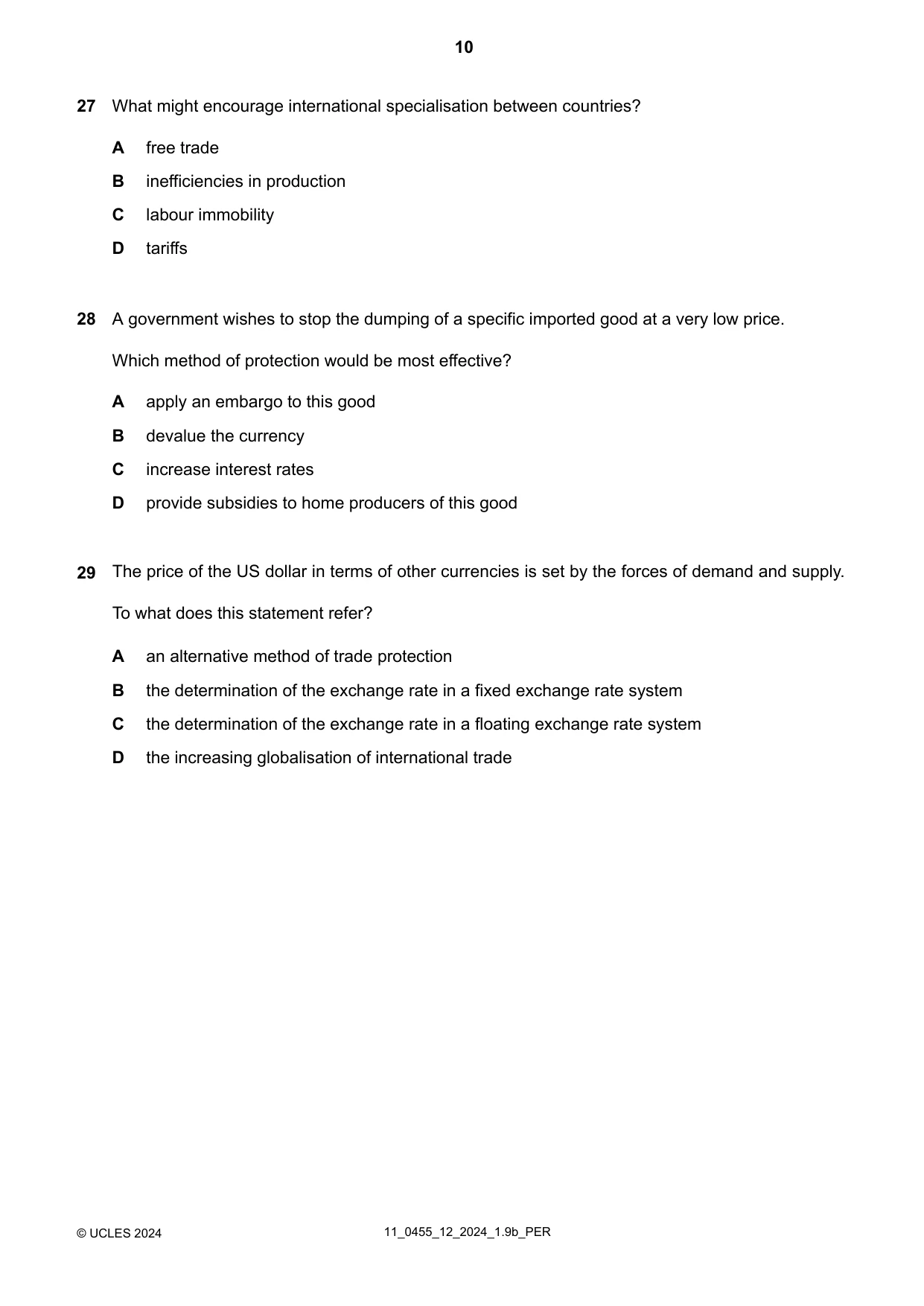 Cambridge IGCSE Economics 0455 2024 Oct/Nov Paper 1 · Variant 2 question paper, page 10 of 12
