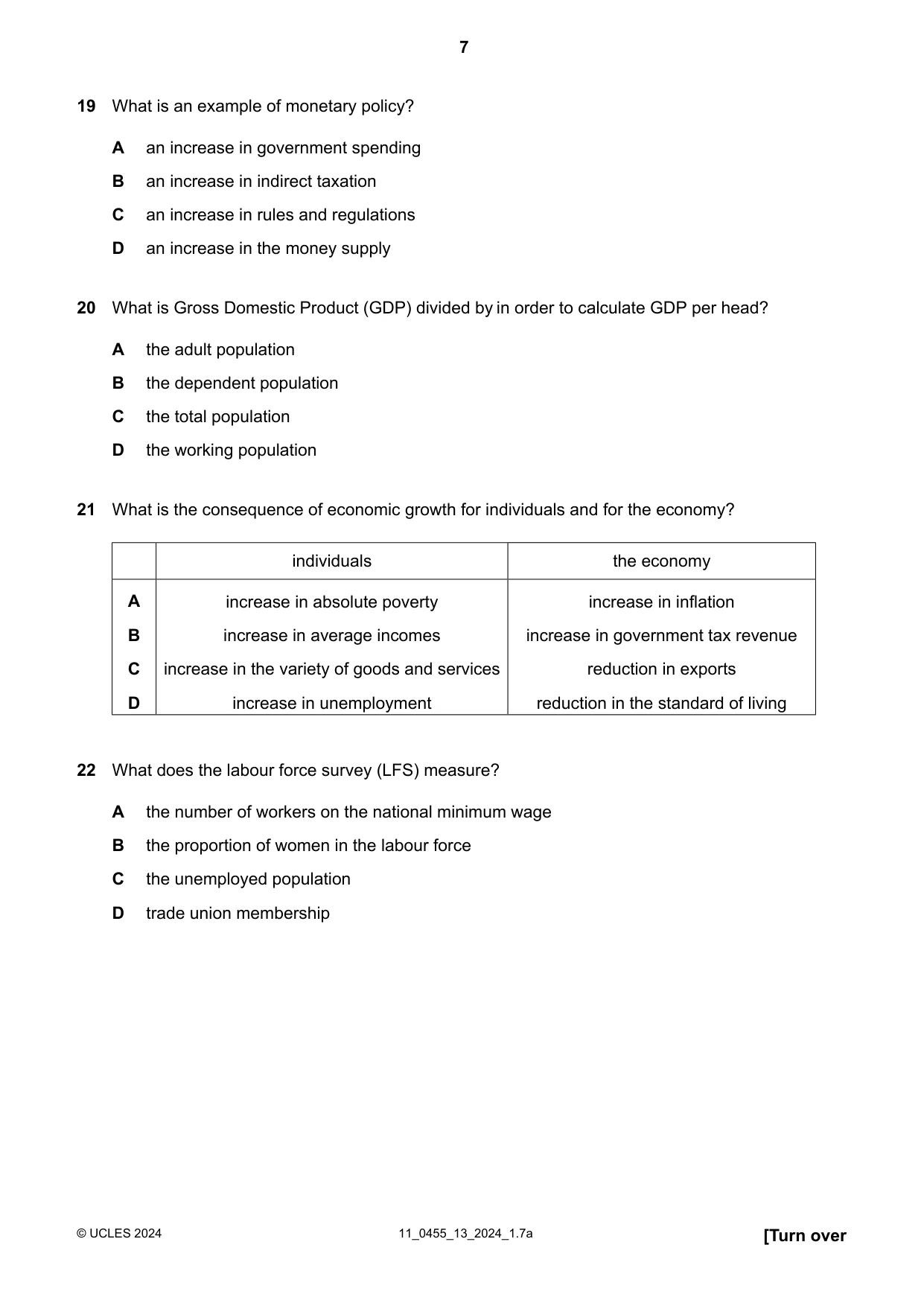 Cambridge IGCSE Economics 0455 2024 Oct/Nov Paper 1 · Variant 3 question paper, page 7 of 12