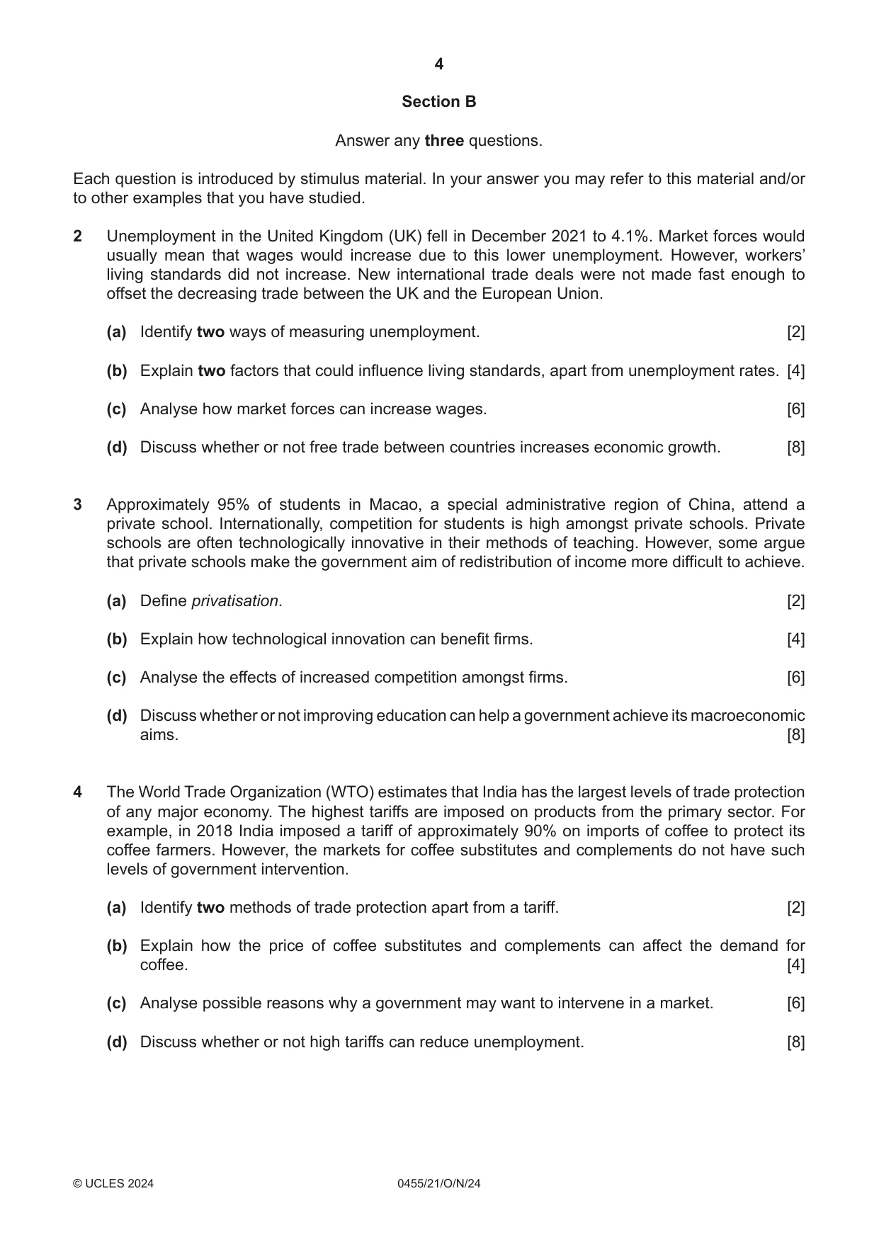 Cambridge IGCSE Economics 0455 2024 Oct/Nov Paper 2 · Variant 1 question paper, page 4 of 8