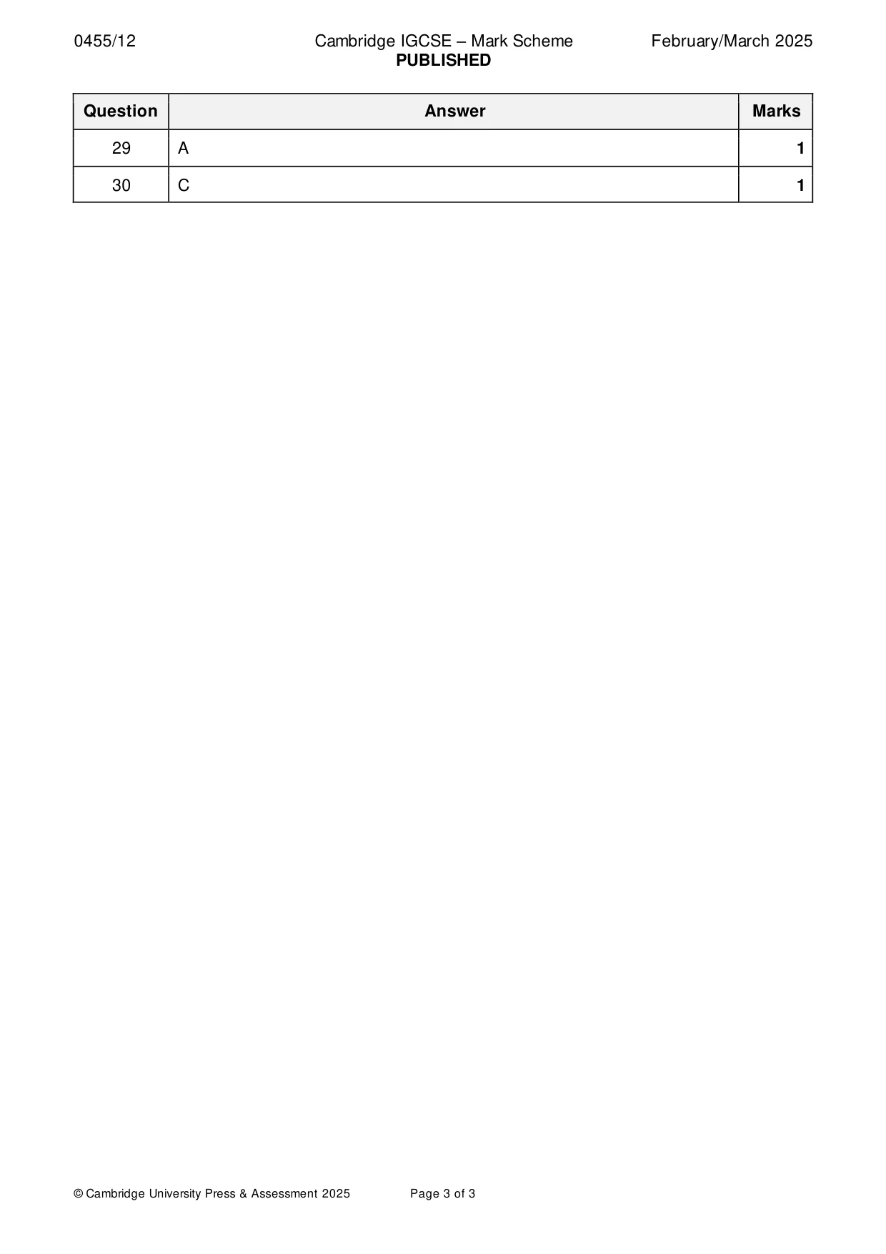 Mark scheme, page 3 of 3