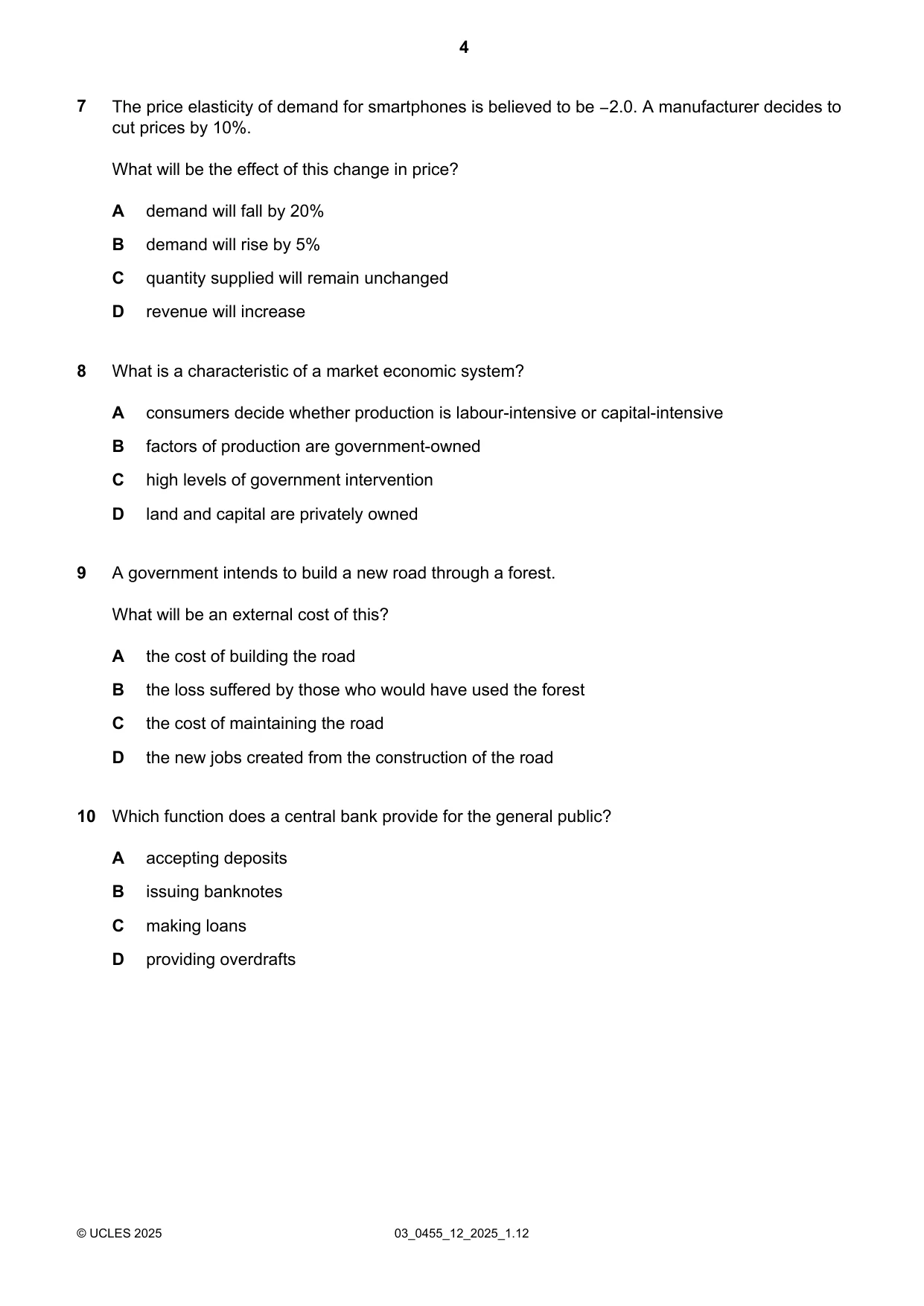 Cambridge IGCSE Economics 0455 2025 Feb/March Paper 1 · Variant 2 question paper, page 4 of 12