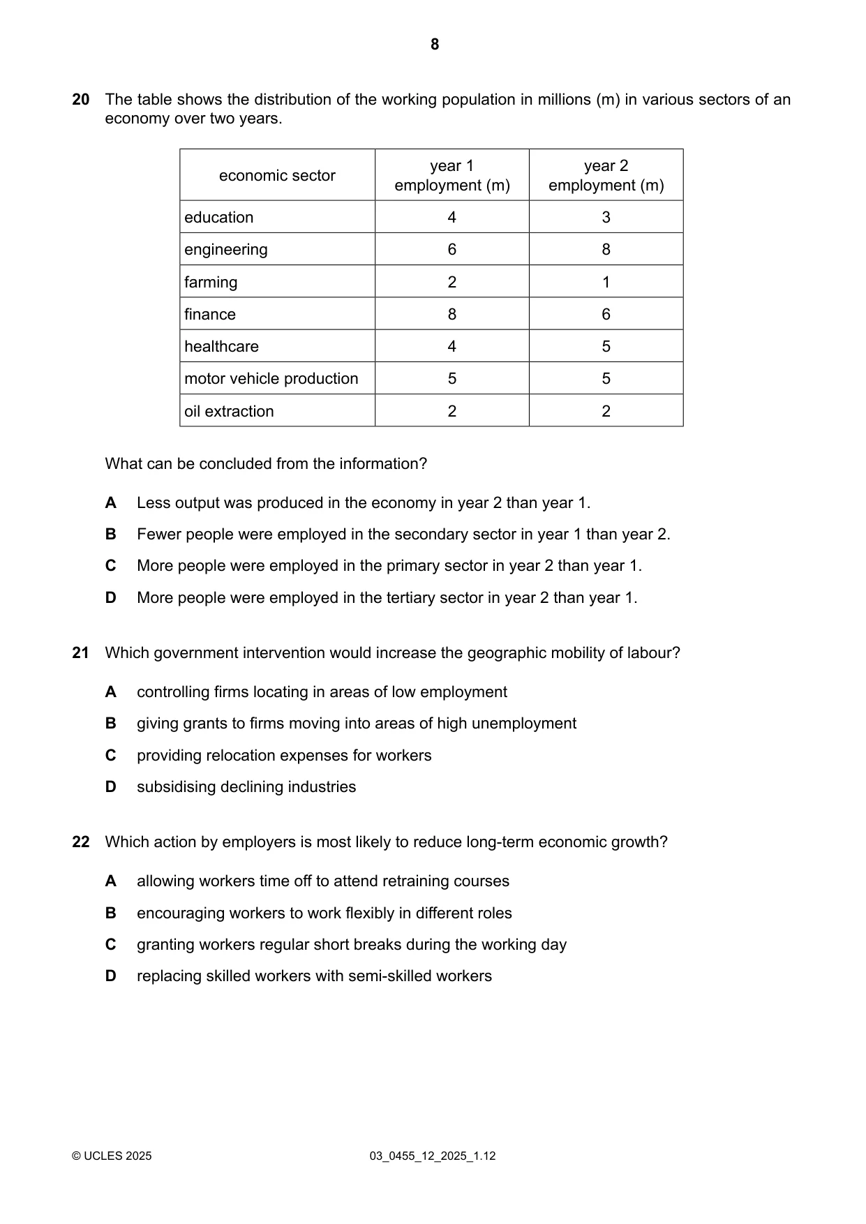 Cambridge IGCSE Economics 0455 2025 Feb/March Paper 1 · Variant 2 question paper, page 8 of 12